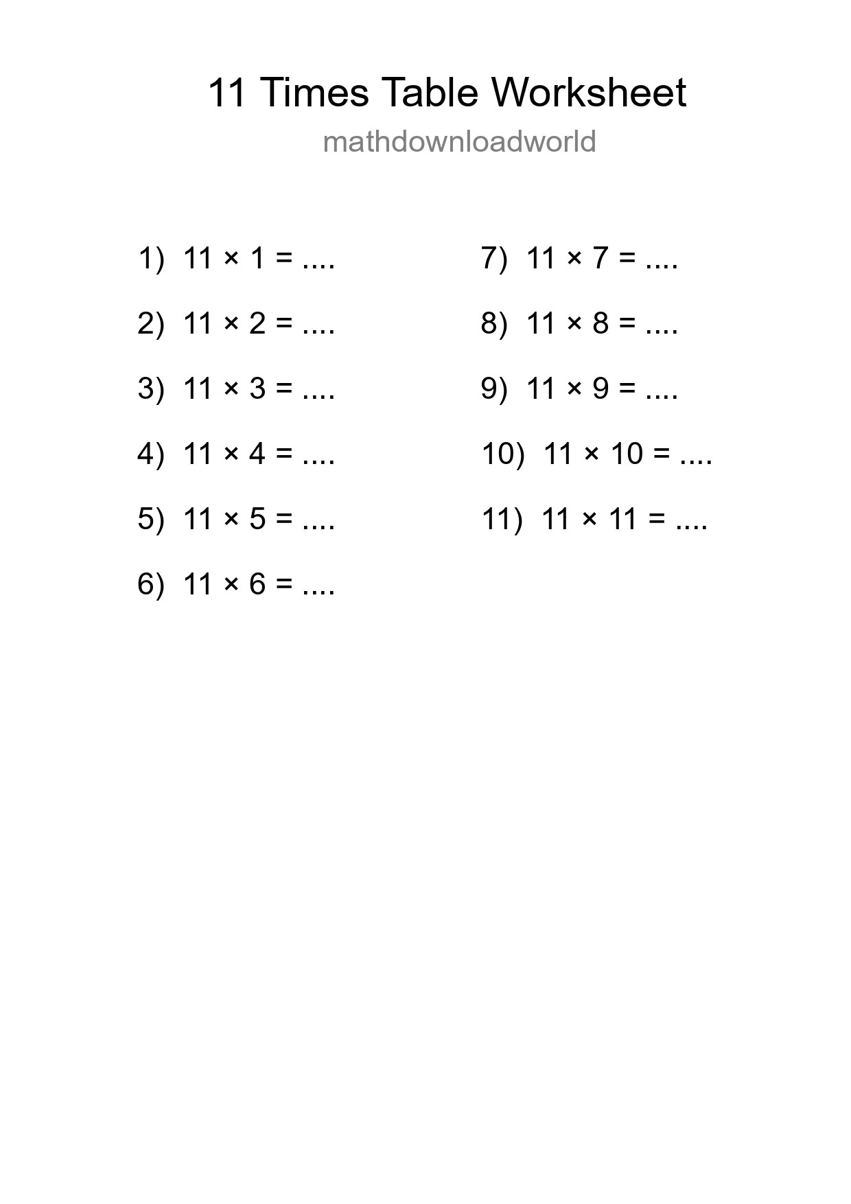 11 Times Table Worksheet For Grade 4 With Answers - Part 284