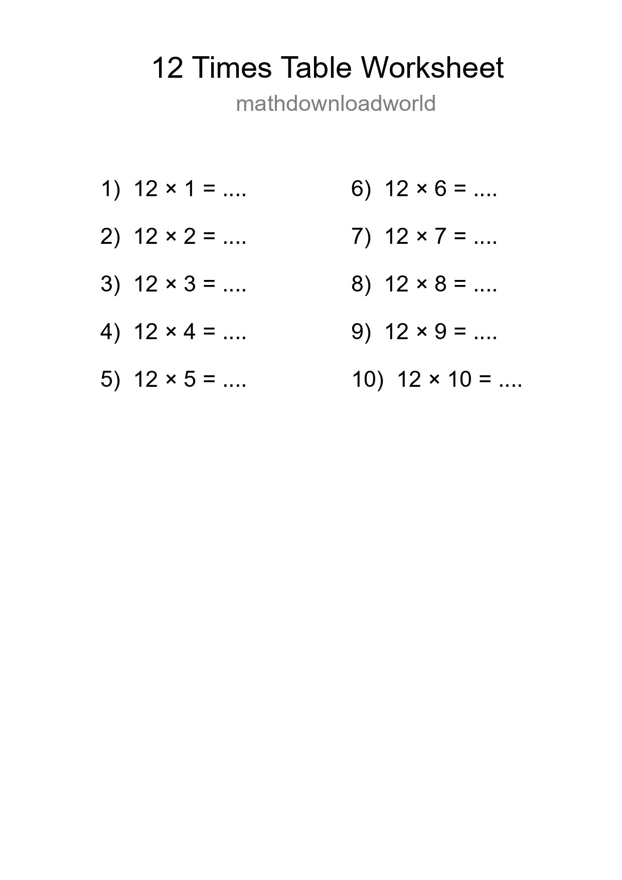 12 Times Table Worksheet For Grade 4 With Answers - Part 31