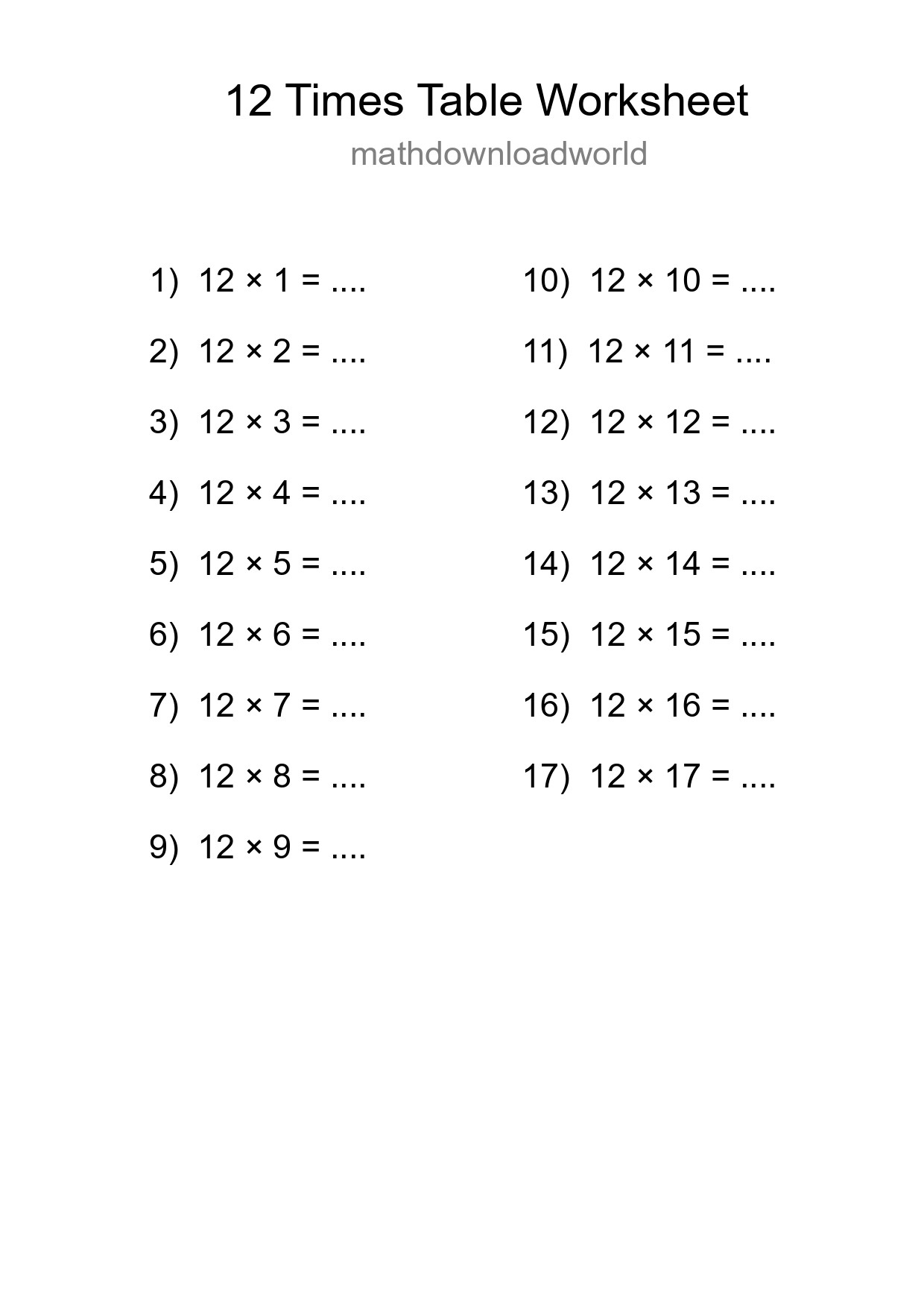 12 Times Table Worksheet For Grade 4 With Answers - Part 9