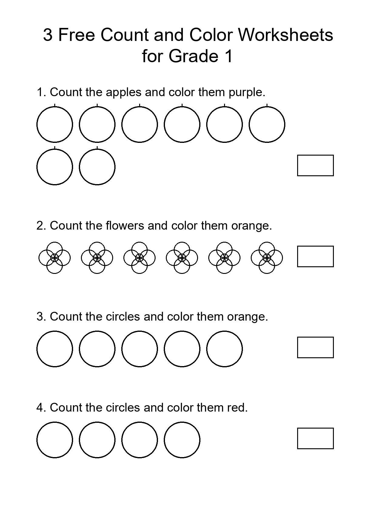 3 Free Count and Color Worksheets for Grade 1