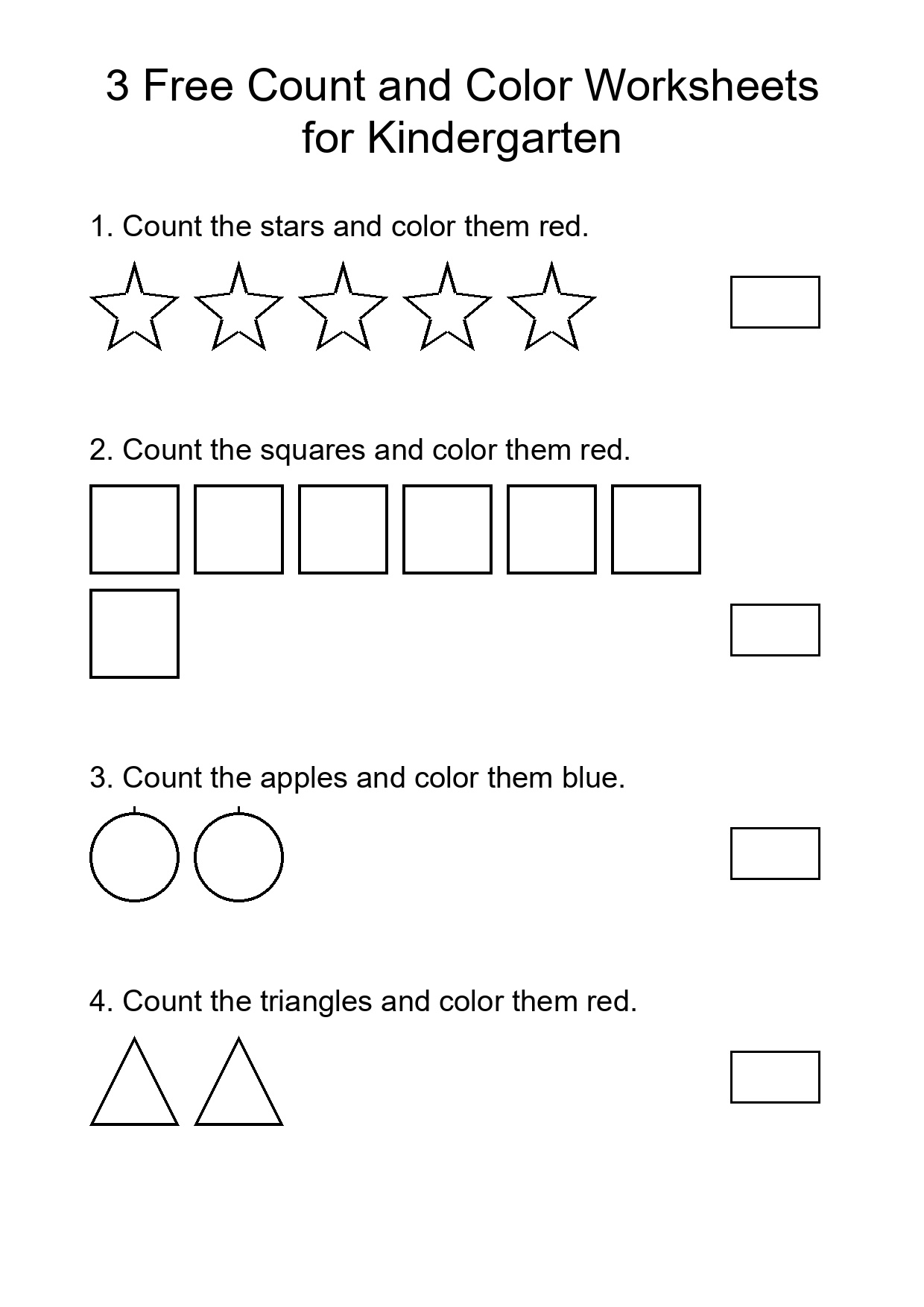 3 Free Count and Color Worksheets for Kindergarten