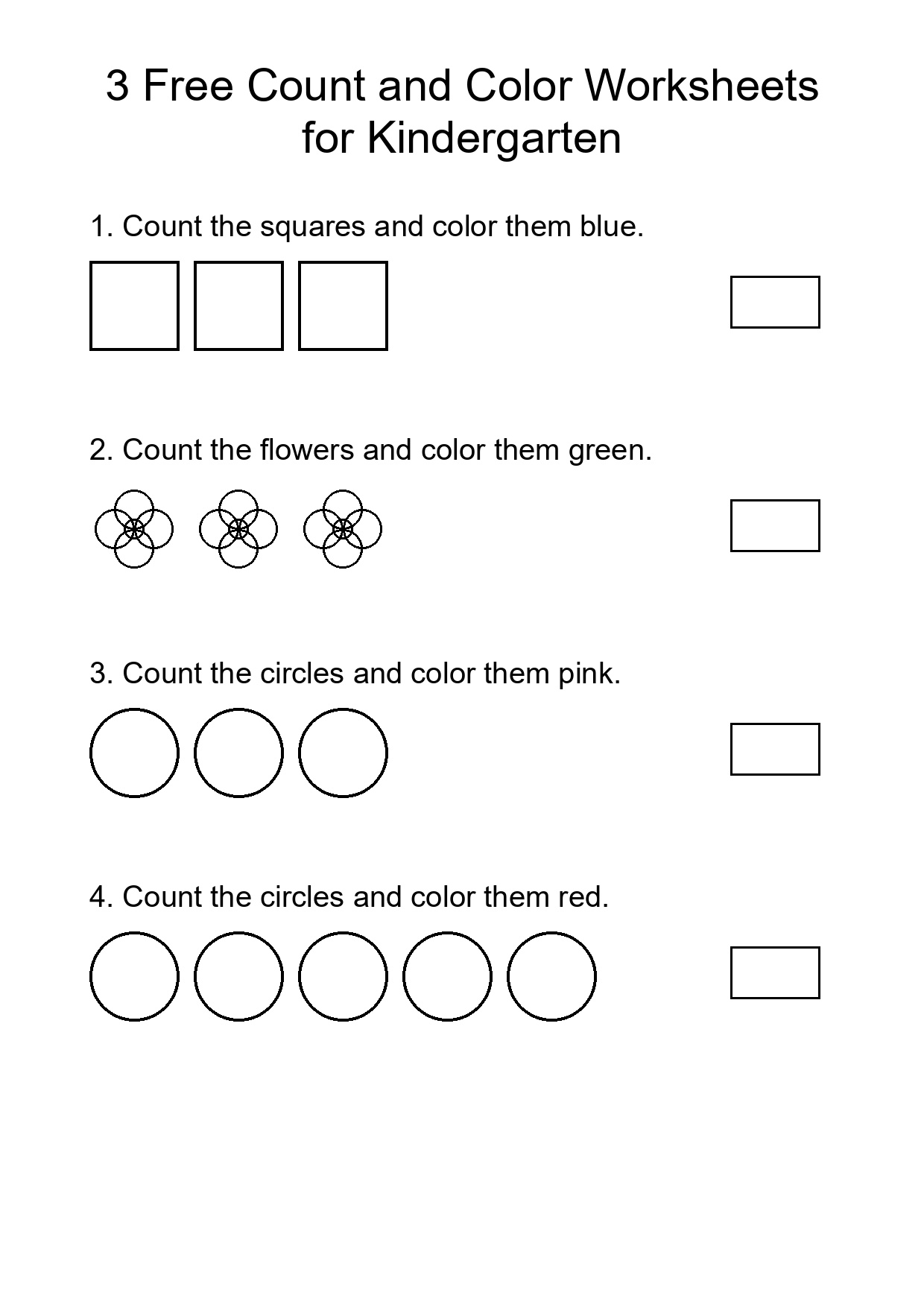 3 Free Count and Color Worksheets for Kindergarten