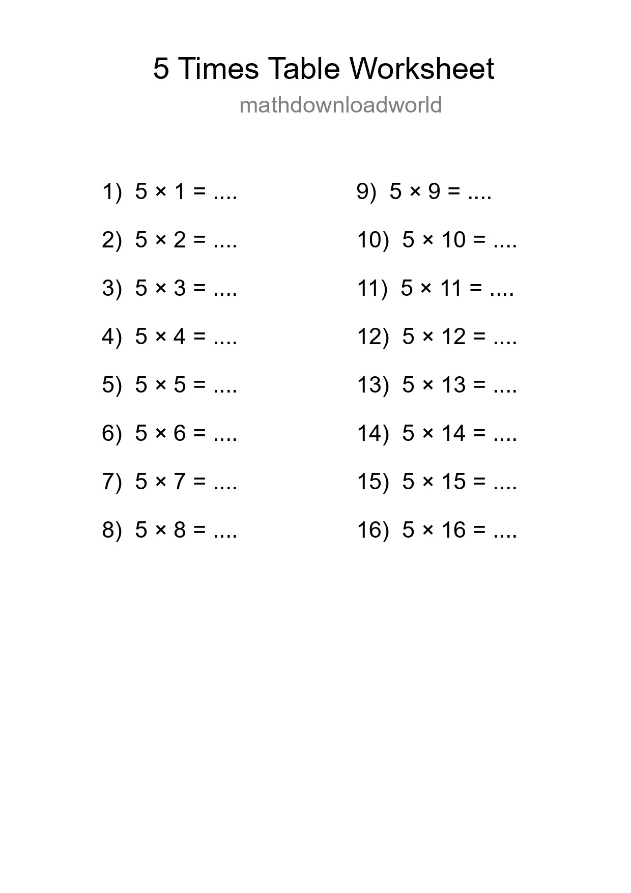 5 Times Table Worksheet For Grade 2 With Answers - Part 130