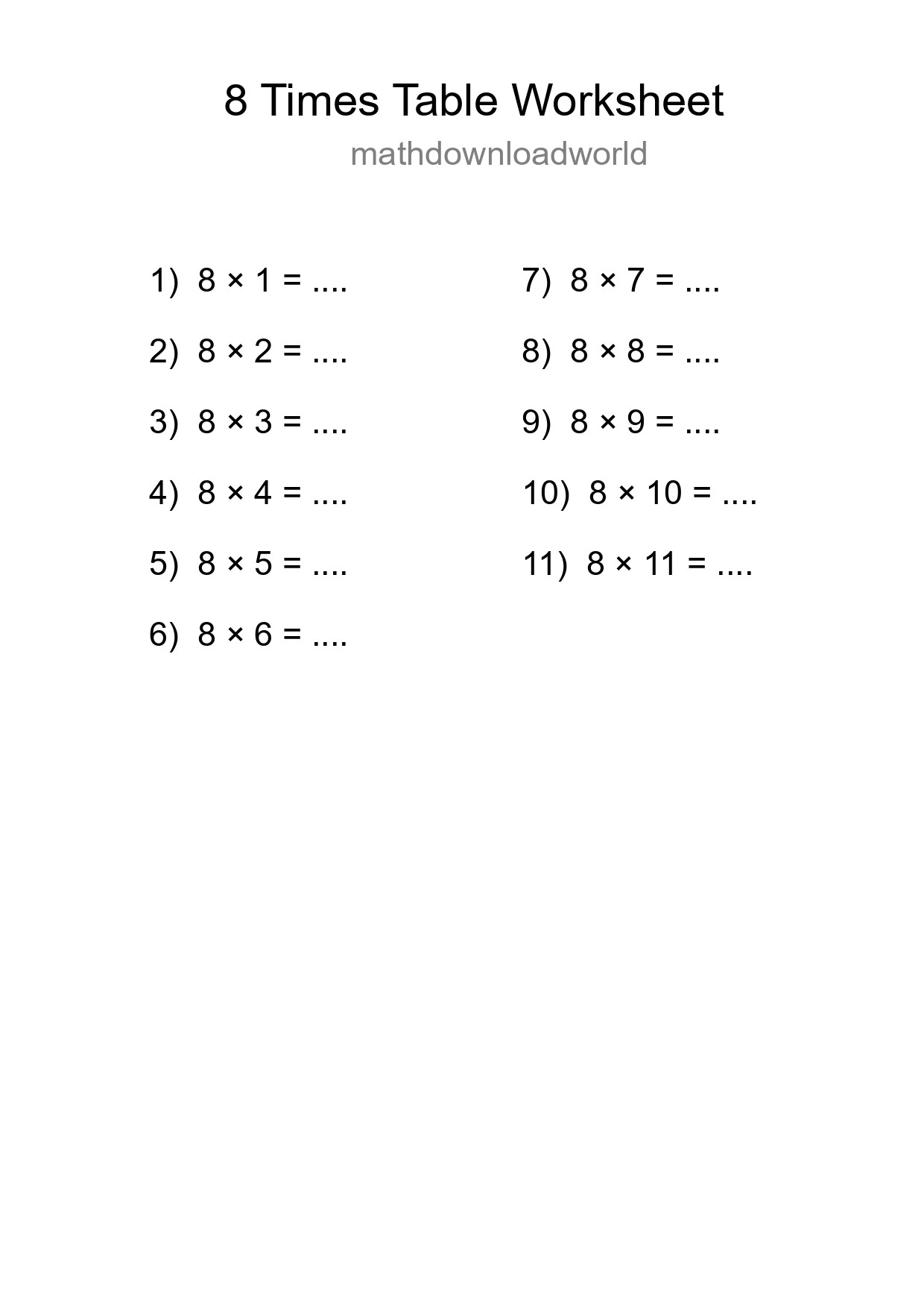 8 Times Table Worksheet For Grade 3 - Part 240