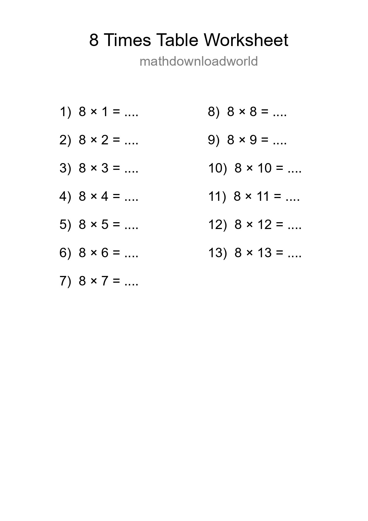 8 Times Table Worksheet For Grade 3 - Part 86