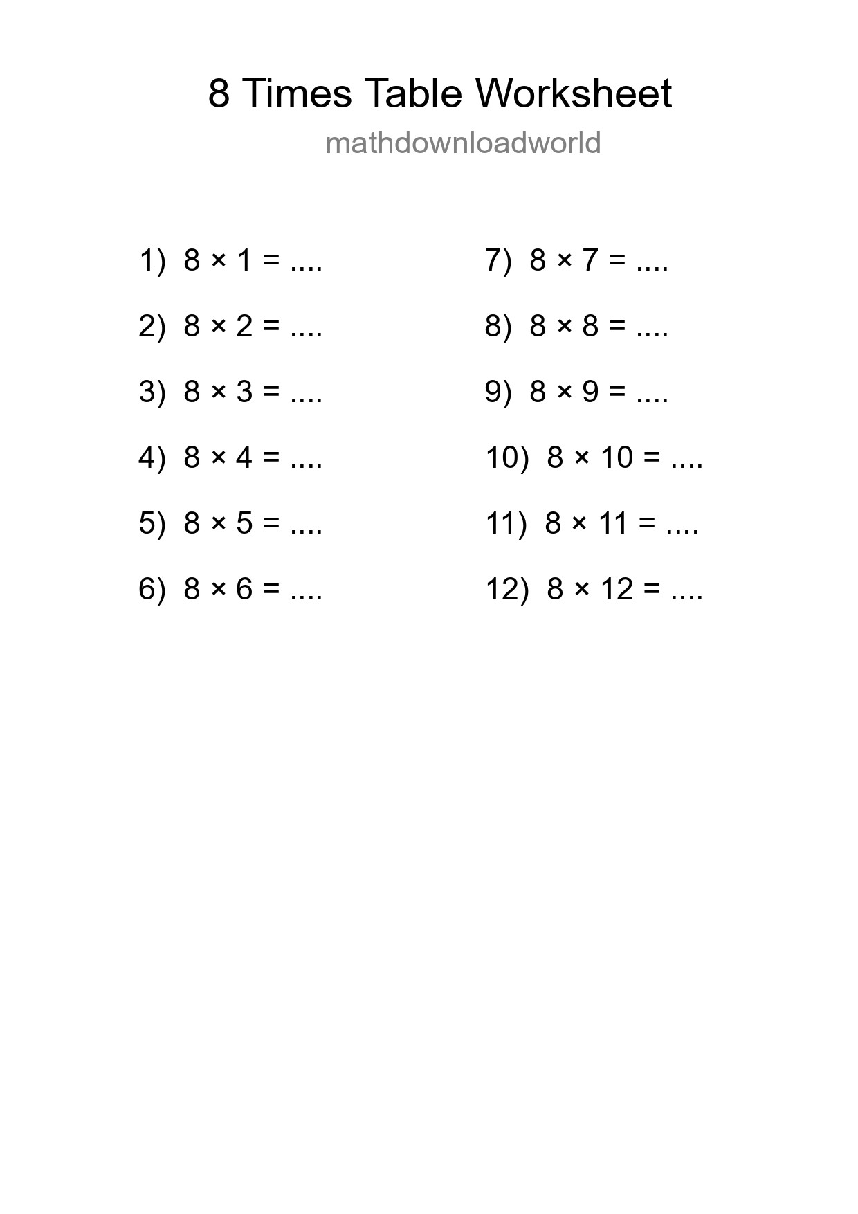 8 Times Table Worksheet For Grade 3 With Answers - Part 75