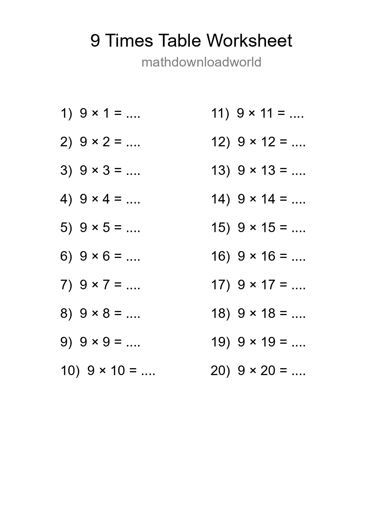 9 Times Table Worksheet For Grade 3 With Answers - Part 196
