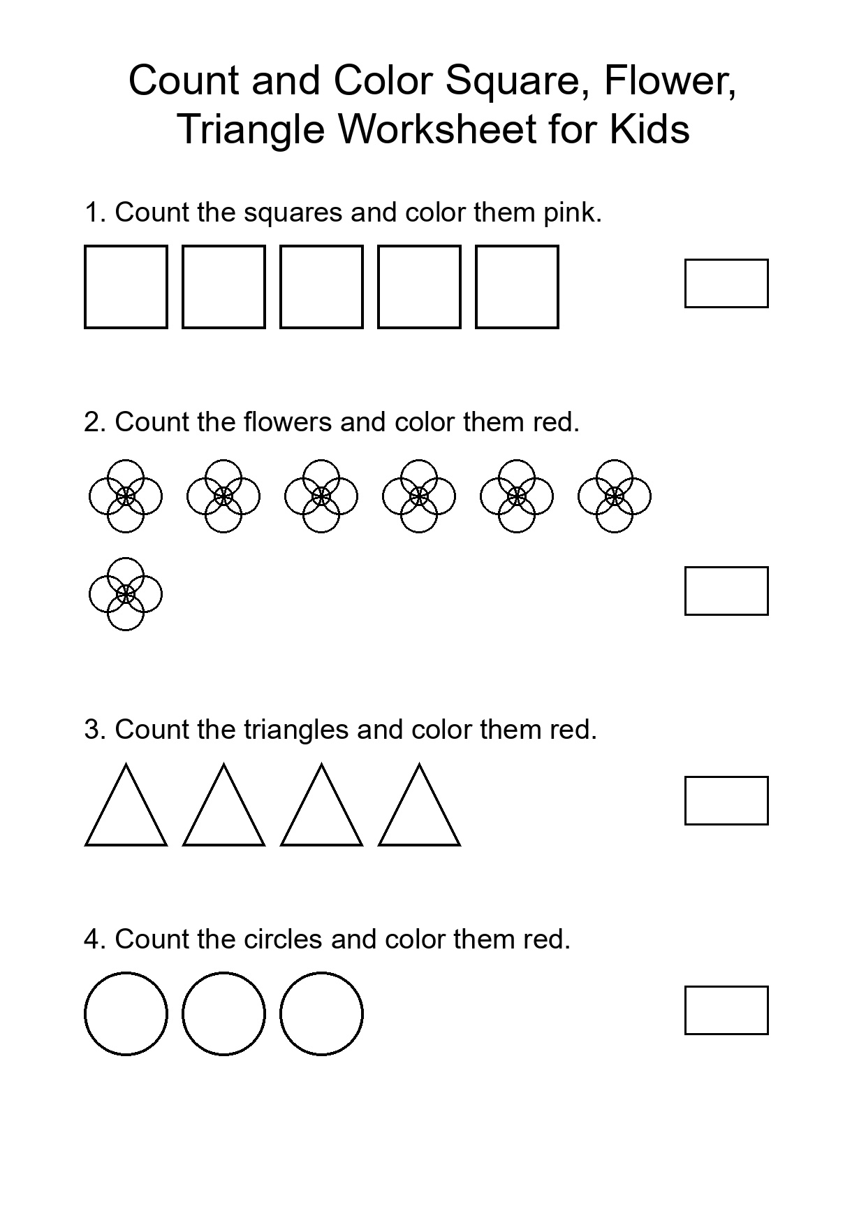 Count and Color Square, Flower, Triangle Worksheet for Kids