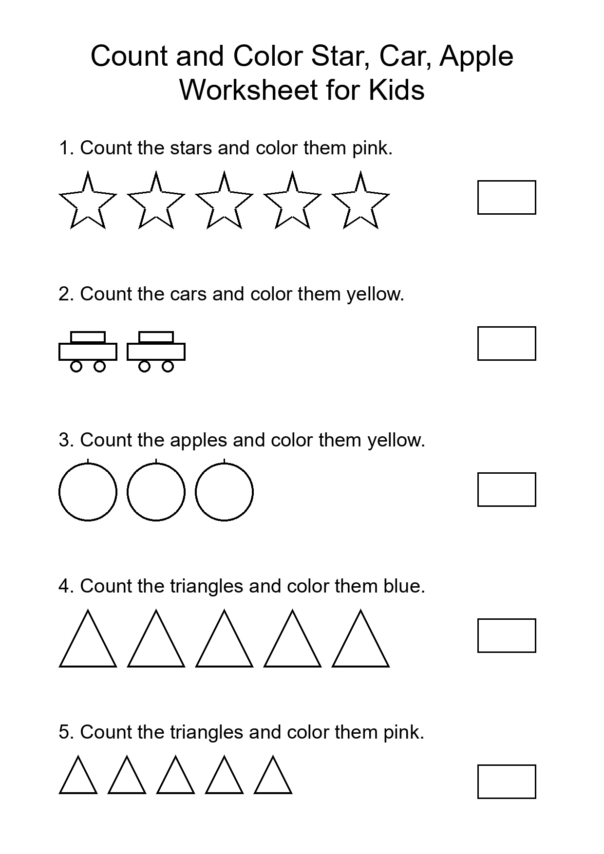 Count and Color Star, Car, Apple Worksheet for Kids