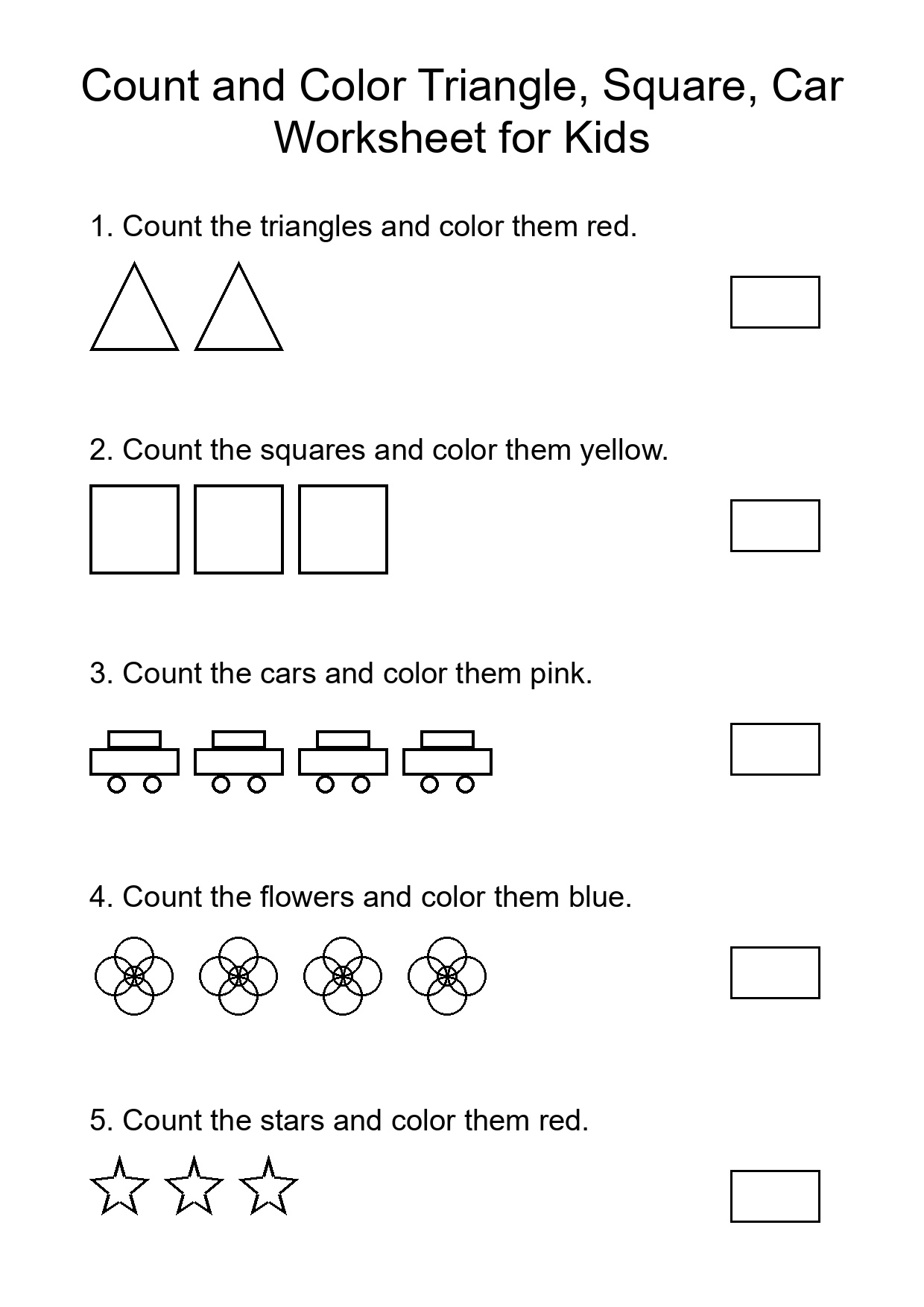 Count and Color Triangle, Square, Car Worksheet for Kids