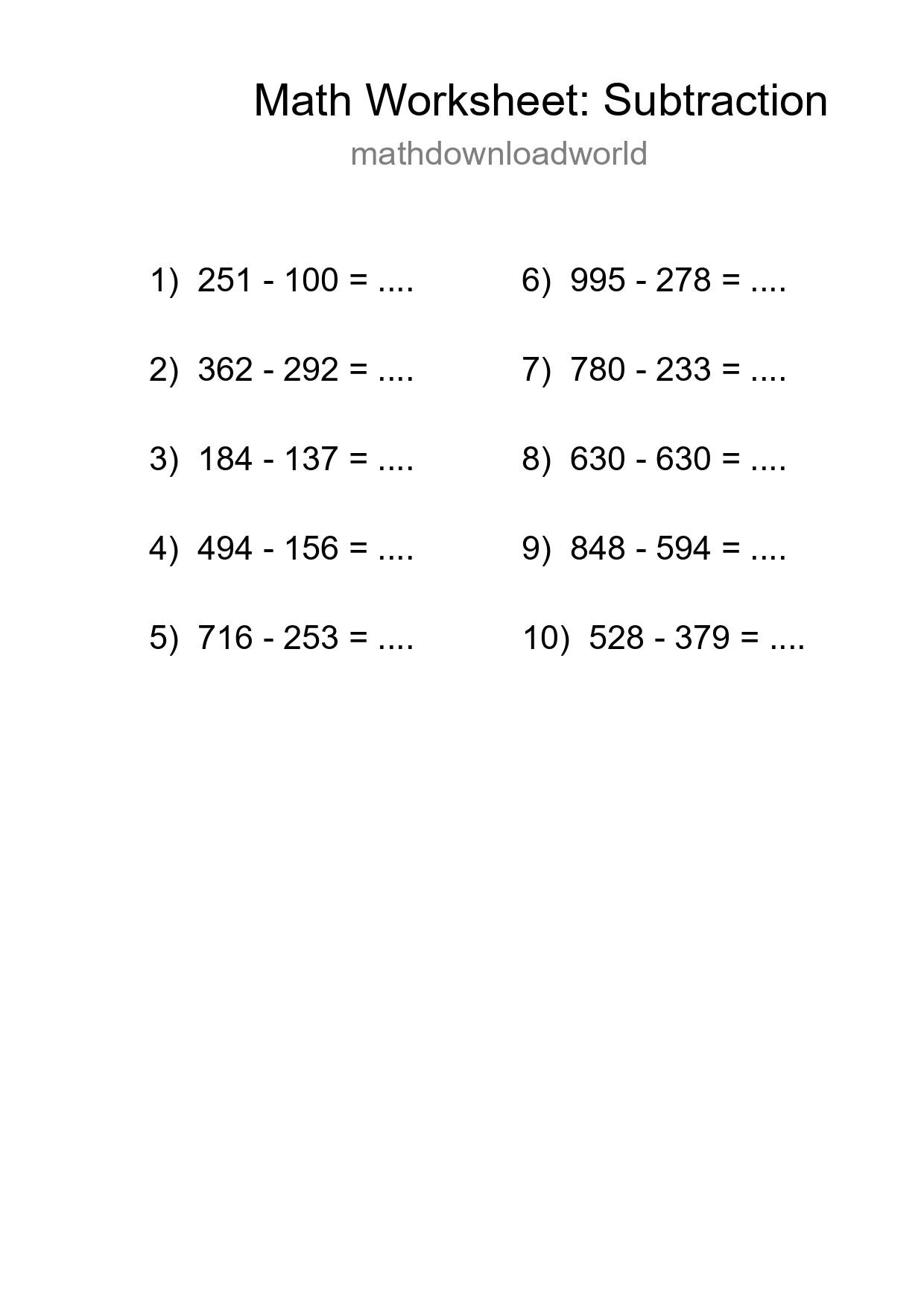 Free 10 Subtraction Math Worksheet For Grade 5 With Answers - Part 151