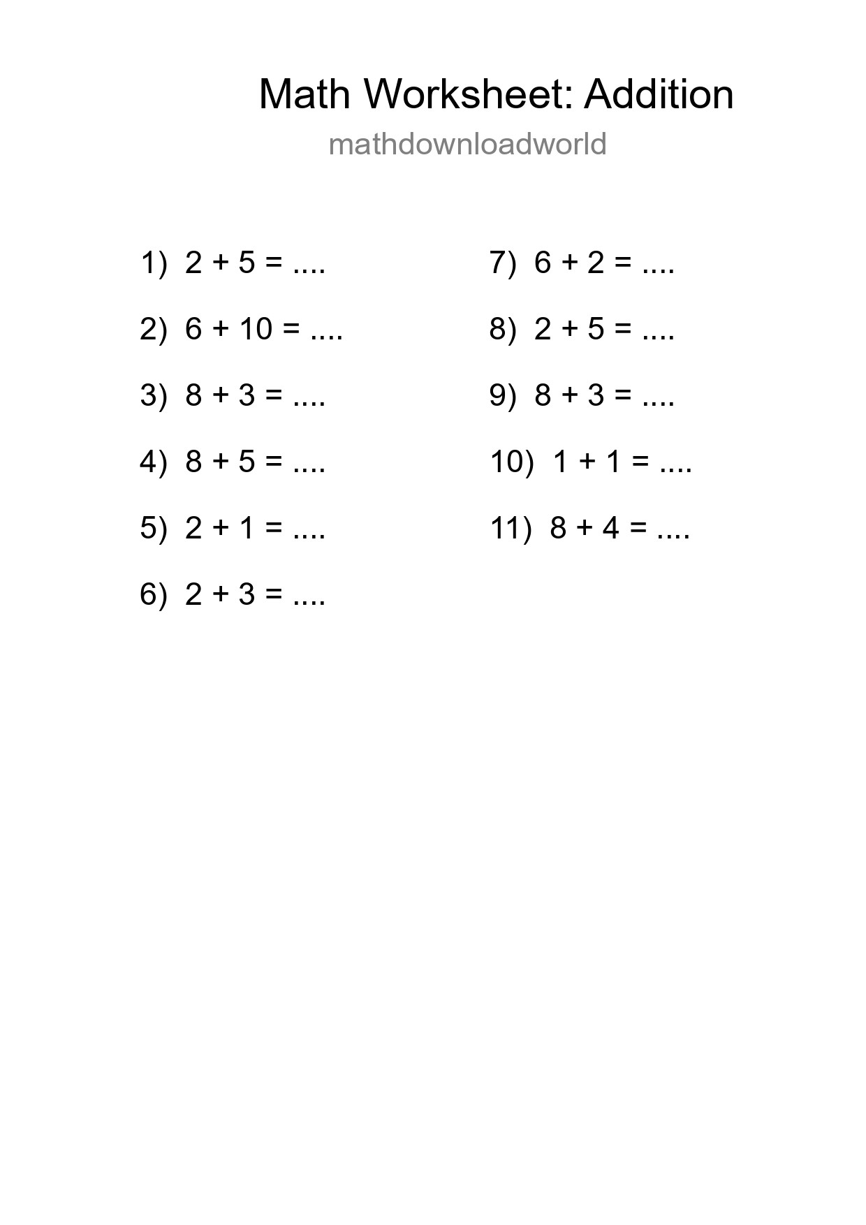 Free 11 Addition Math Worksheet For Grade 1 - Part 188
