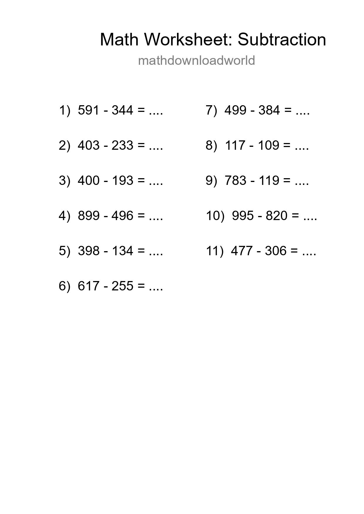 Free 11 Subtraction Math Worksheet For Grade 5 - Part 96