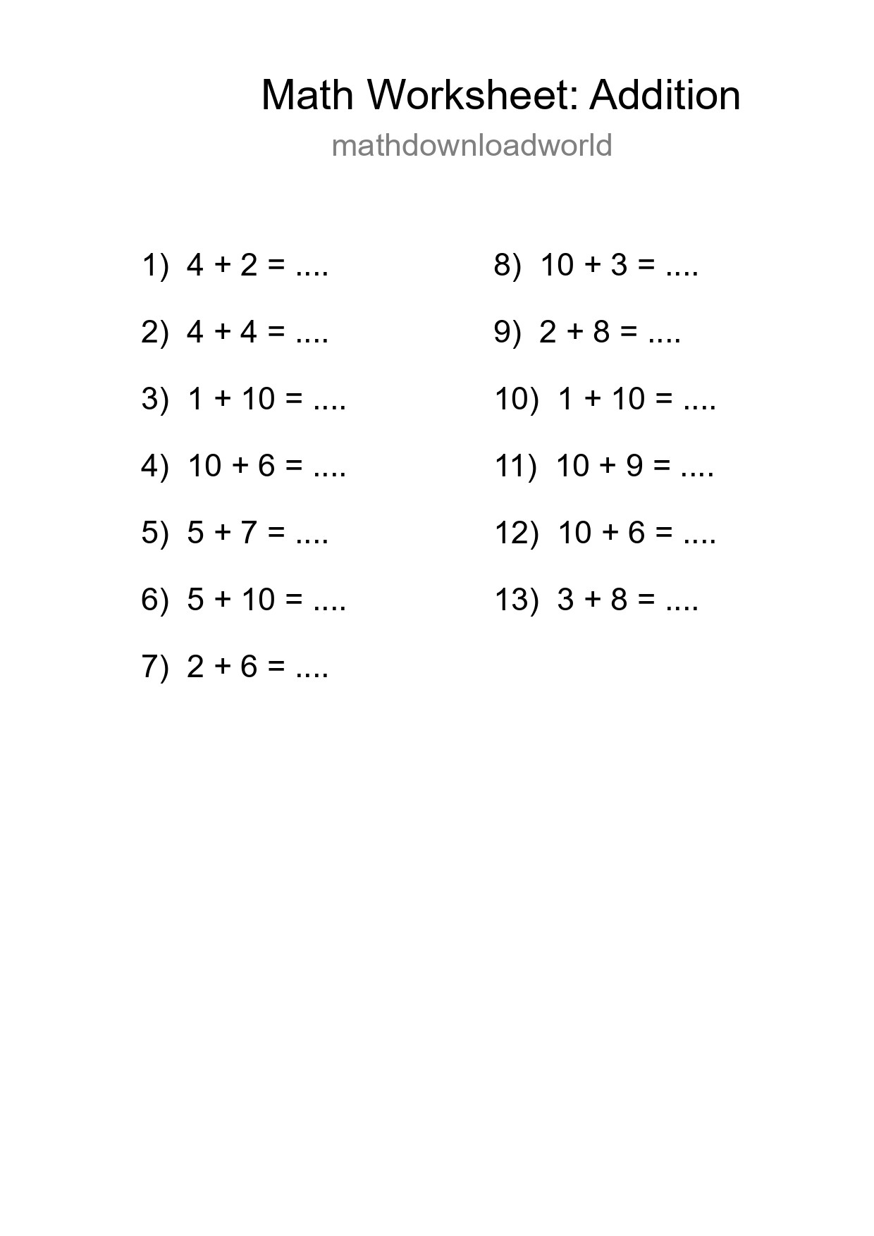 Free 13 Addition Math Worksheet For Grade 1 With Answers - Part 12