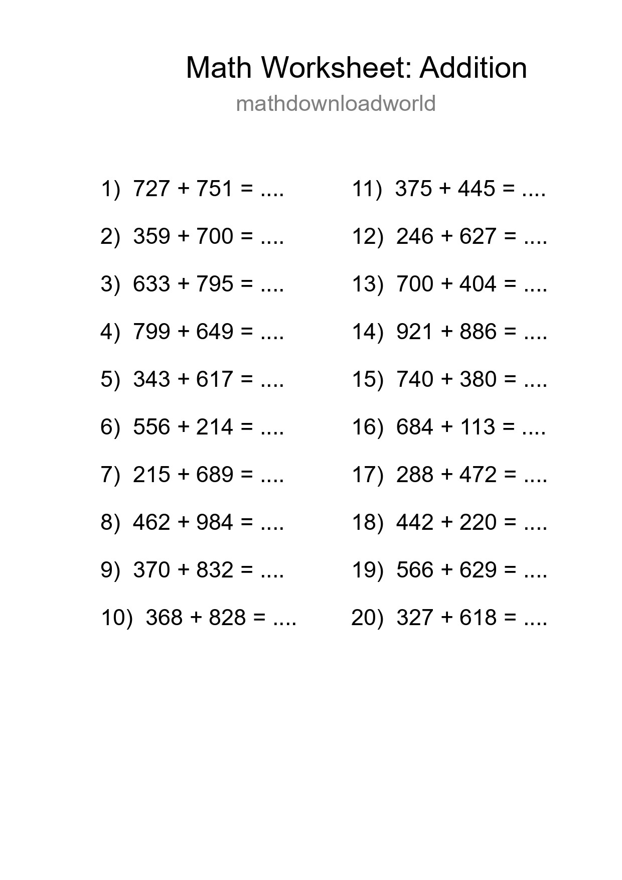 Free 20 Addition Math Worksheet For Grade 5 - Part 221