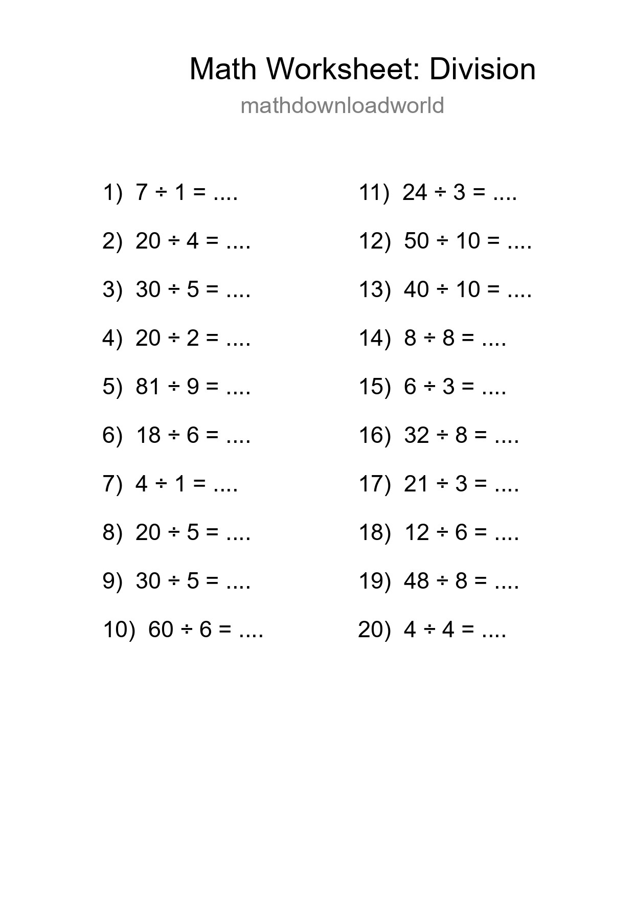 Free 20 Division Math Worksheet For Grade 1 With Answers - Part 169