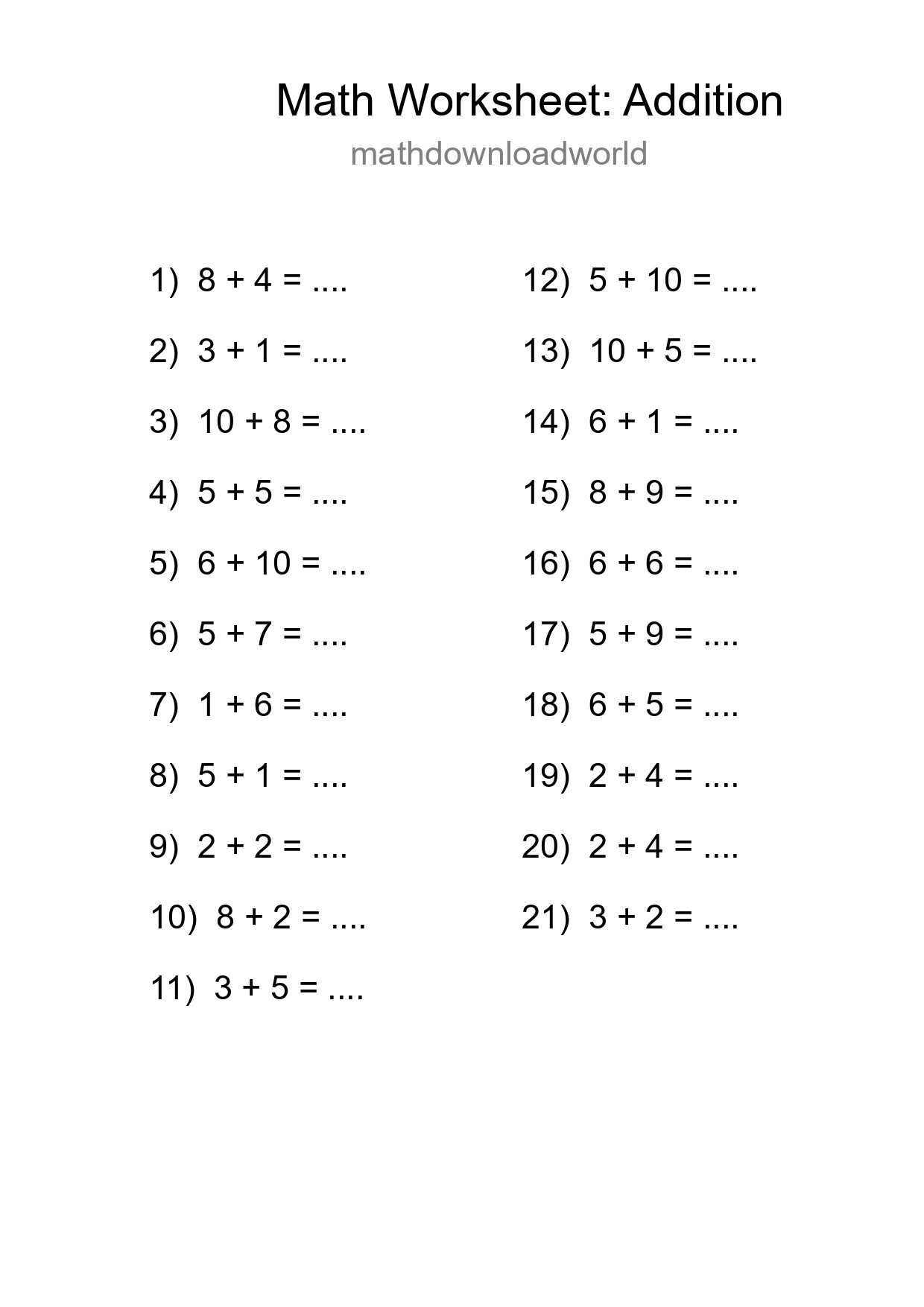Free 21 Addition Math Worksheet For Grade 1 - Part 287