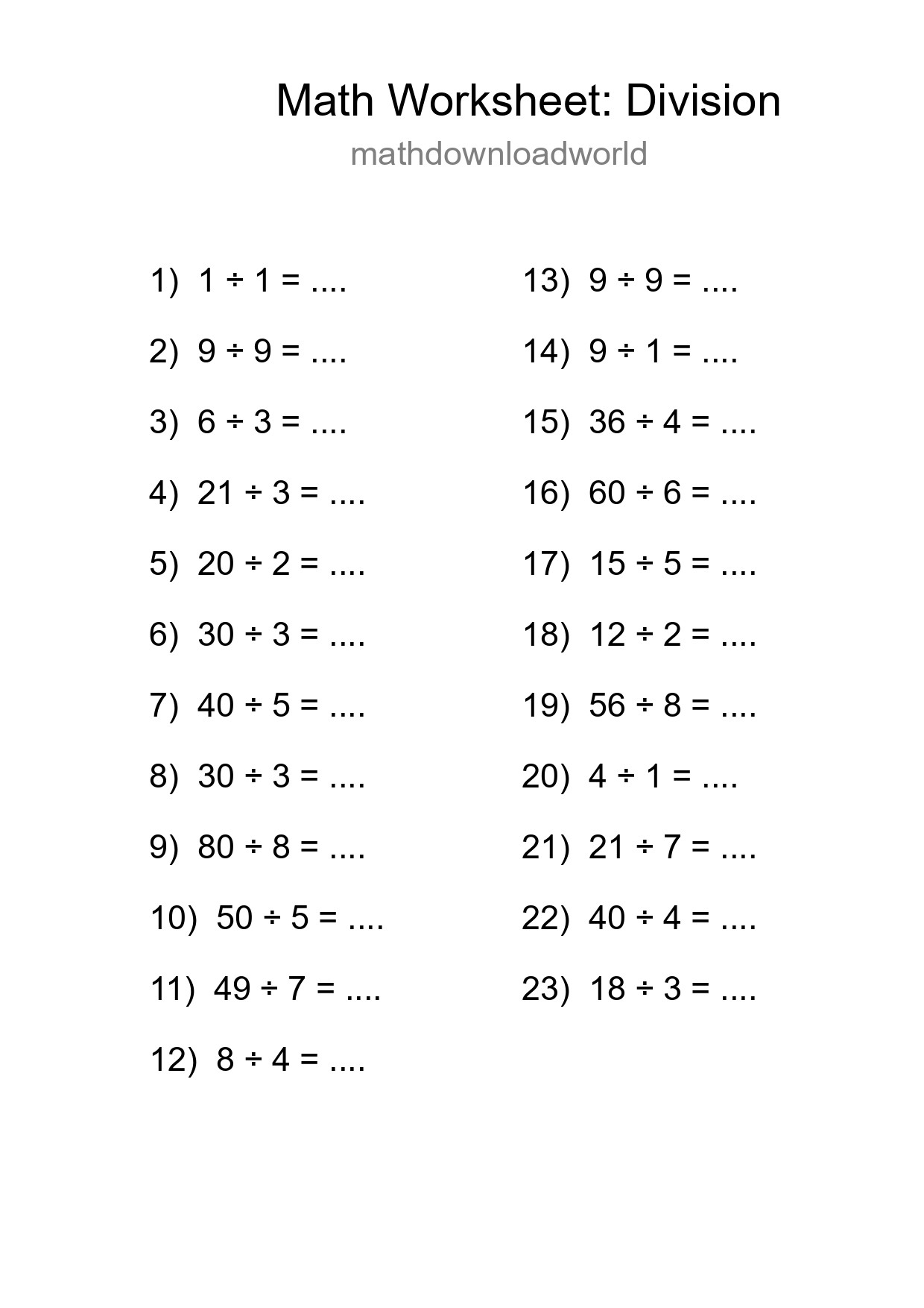 Free 23 Division Math Worksheet For Grade 1 With Answers - Part 268