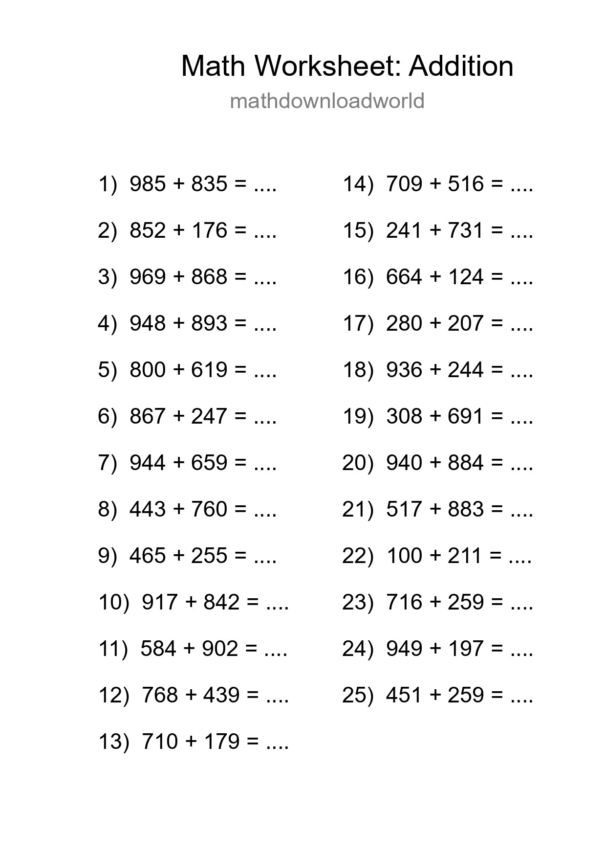 Free 25 Addition Math Worksheet For Grade 5 - Part 122