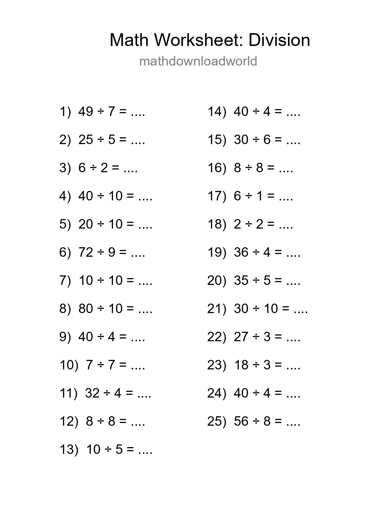 Free 25 Division Math Worksheet For Grade 1 - Part 37