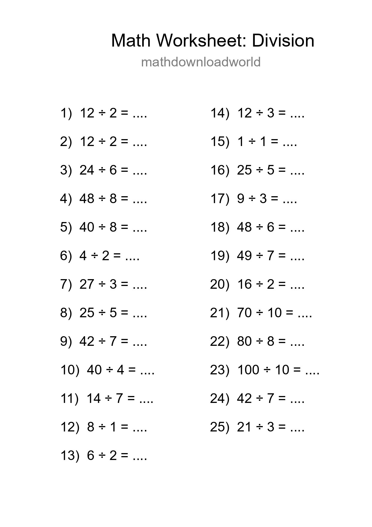 Free 25 Division Math Worksheet For Grade 1 With Answers - Part 26
