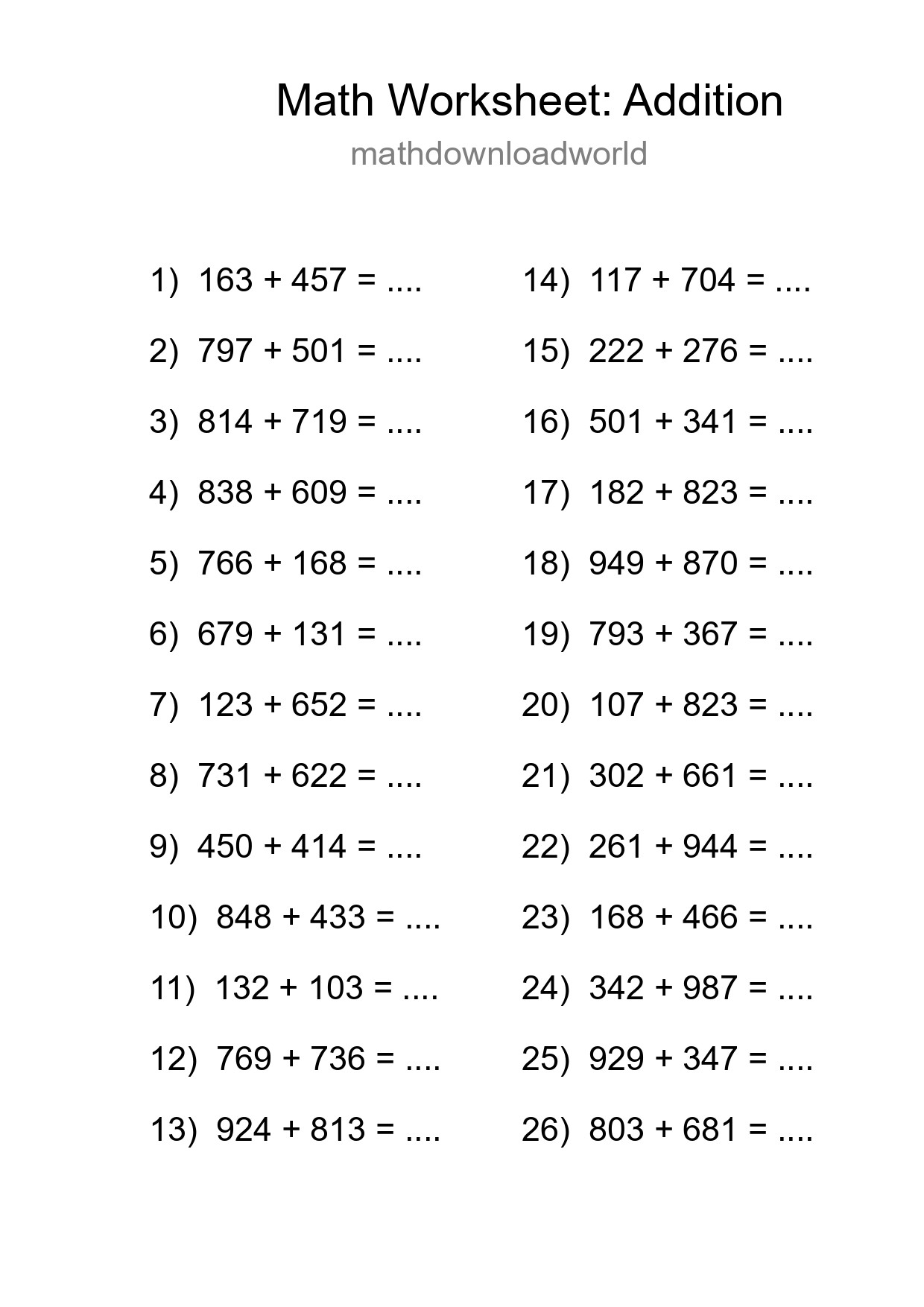 Free 26 Addition Math Worksheet For Grade 5 - Part 243