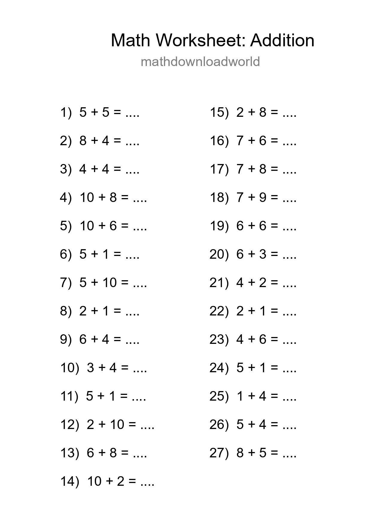 Free 27 Addition Math Worksheet For Grade 1 - Part 144