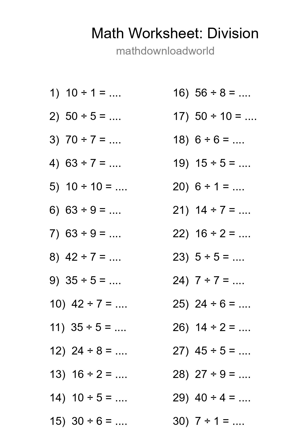 Free 30 Division Math Worksheet For Grade 1 - Part 202