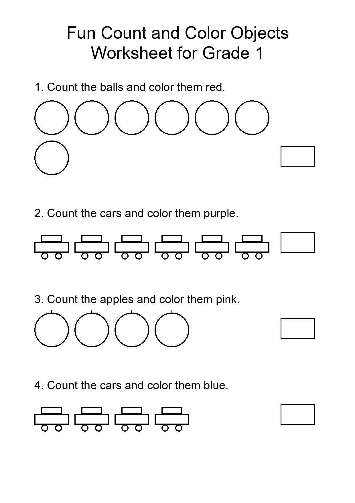 Fun Count and Color Objects Worksheet for Grade 1
