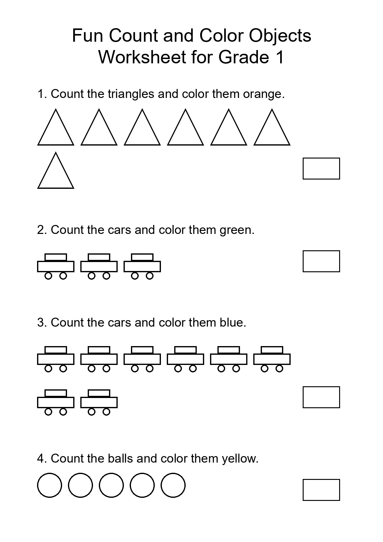 Fun Count and Color Objects Worksheet for Grade 1
