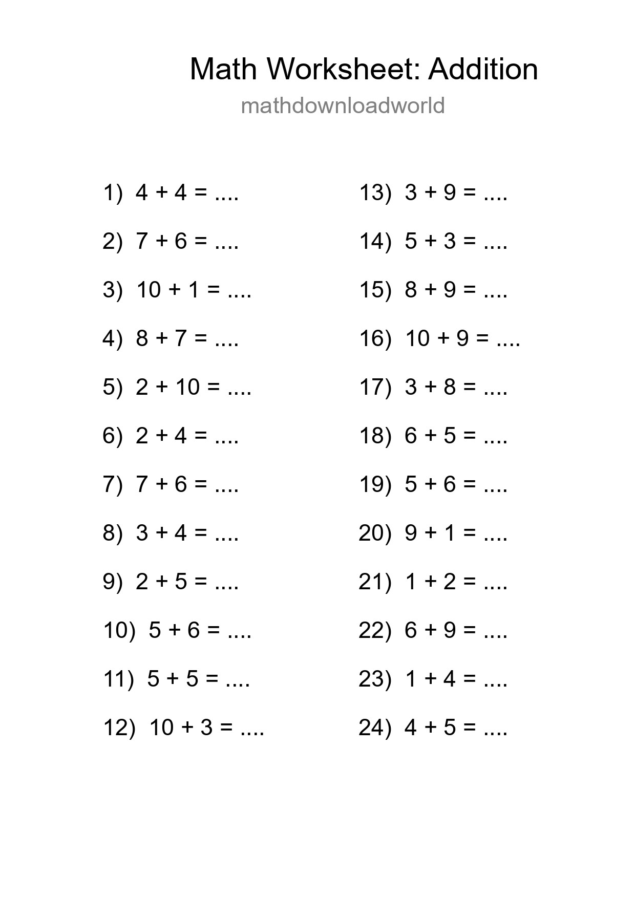 Grade 1 Addition Practice Worksheet (24 Problems) - Part 254