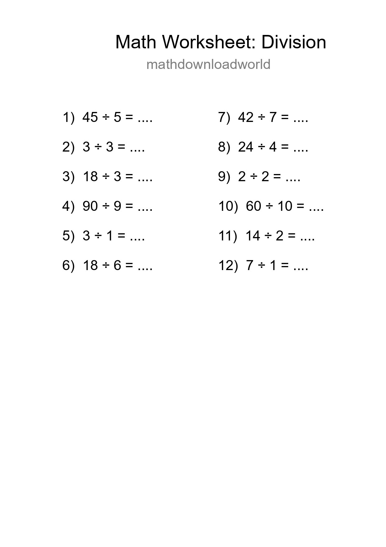 Grade 1 Division Practice Worksheet (12 Problems) - Part 125