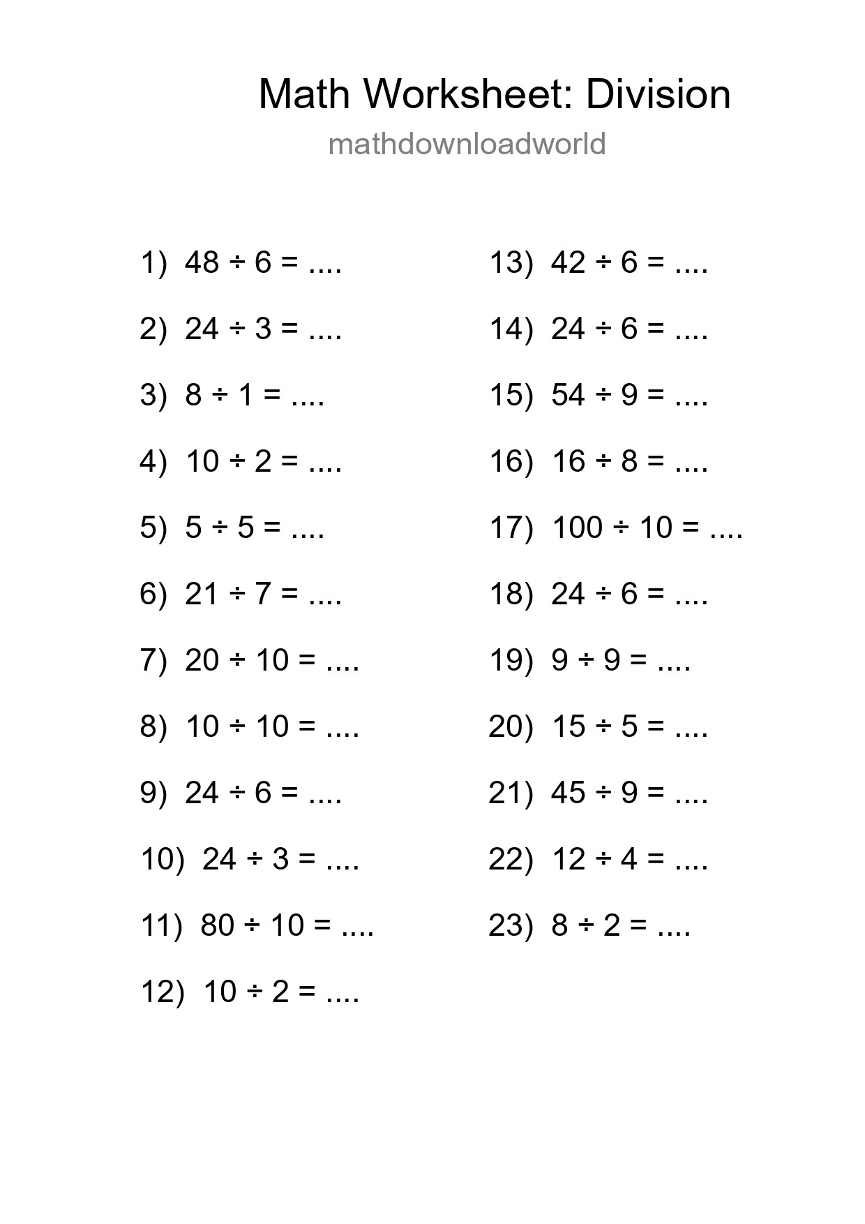 Grade 1 Division Practice Worksheet (23 Problems) - Part 235