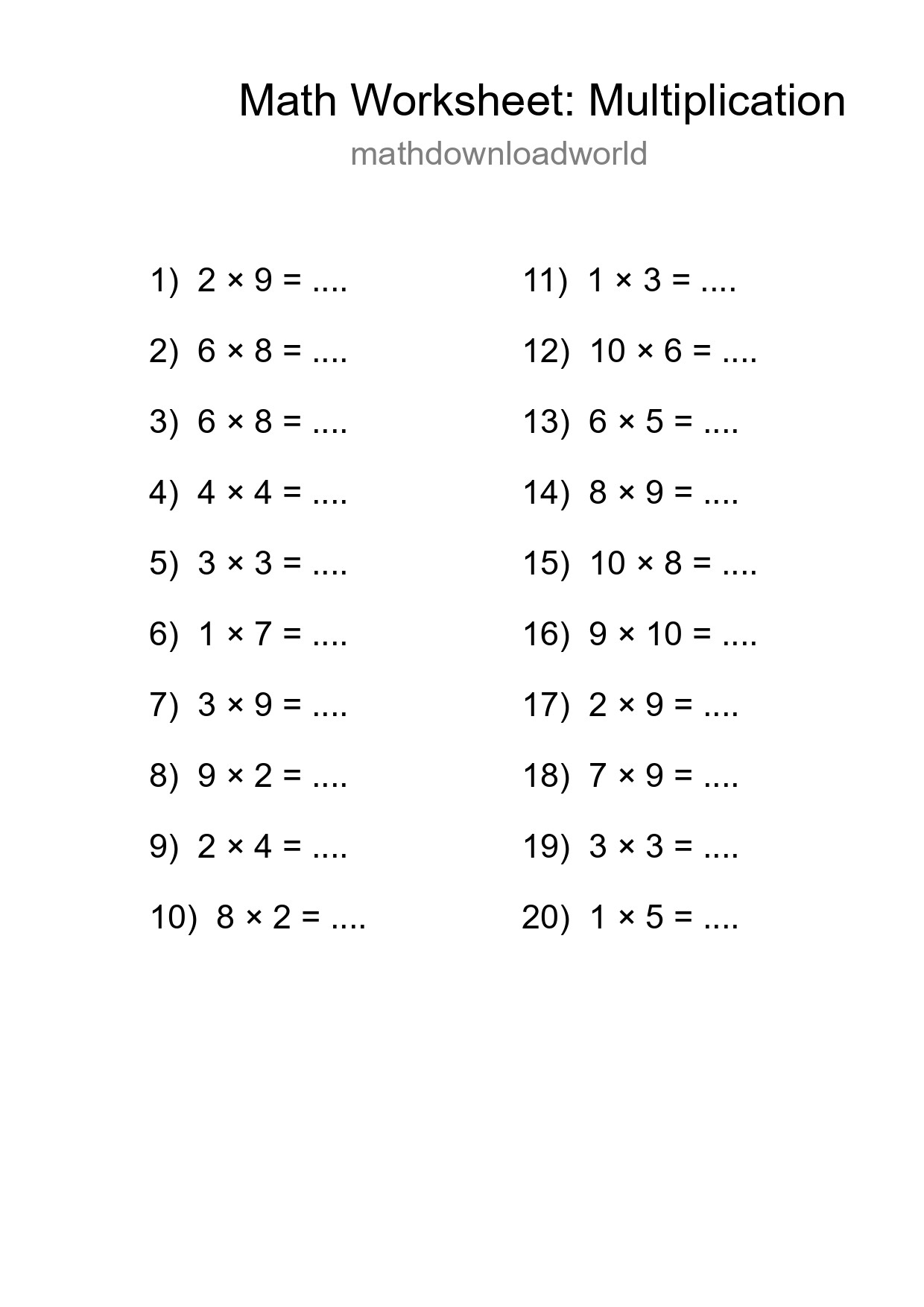Grade 1 Multiplication Practice Worksheet (20 Problems) - Part 29
