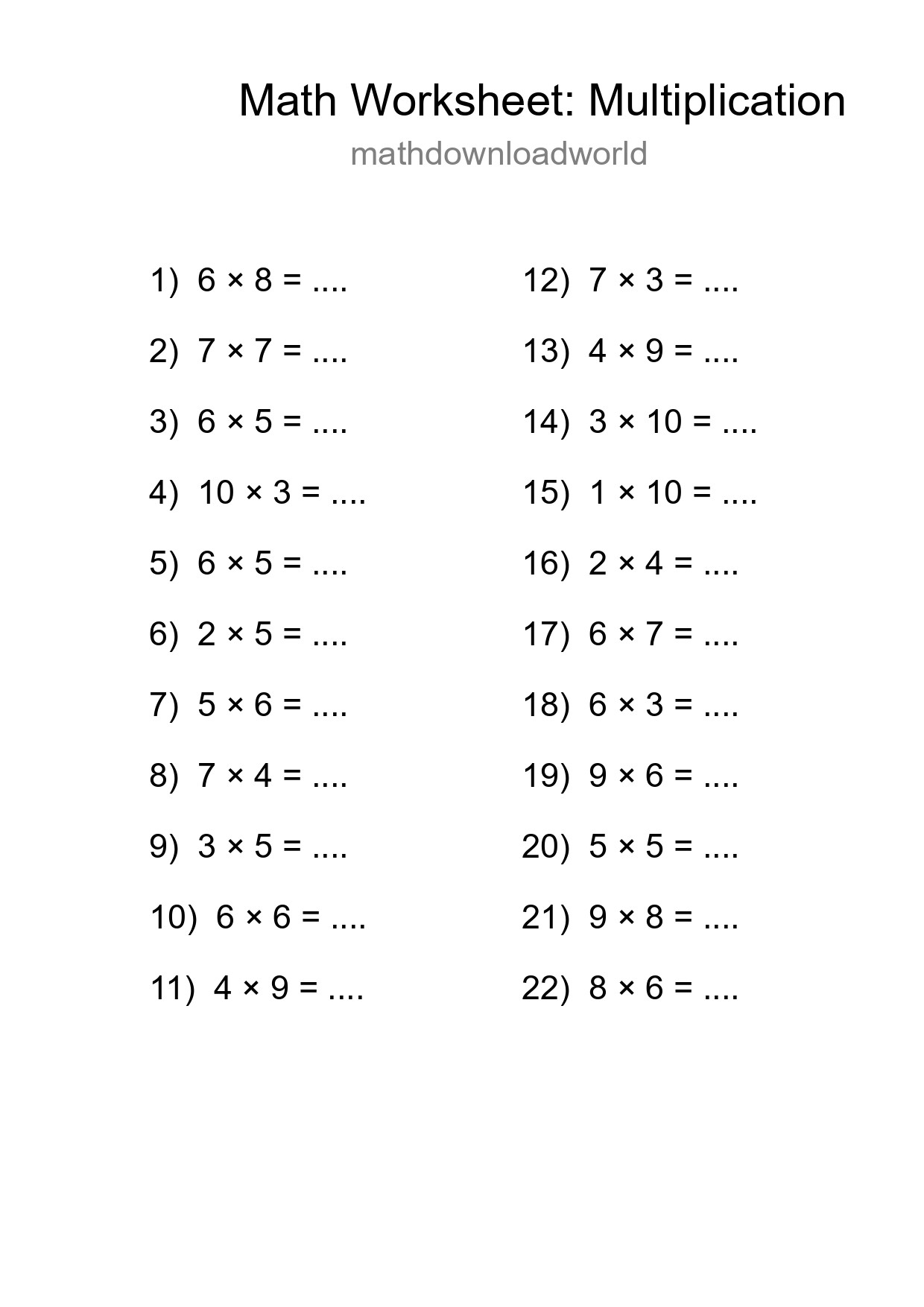 Grade 1 Multiplication Practice Worksheet (22 Problems) - Part 84