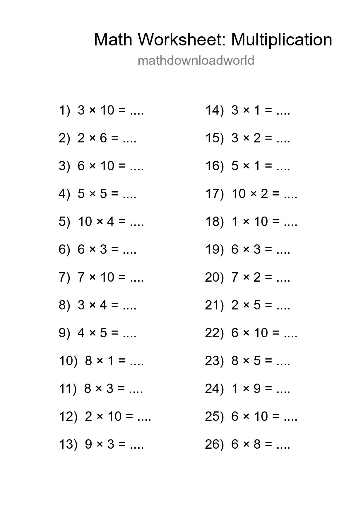 Grade 1 Multiplication Practice Worksheet (26 Problems) - Part 18