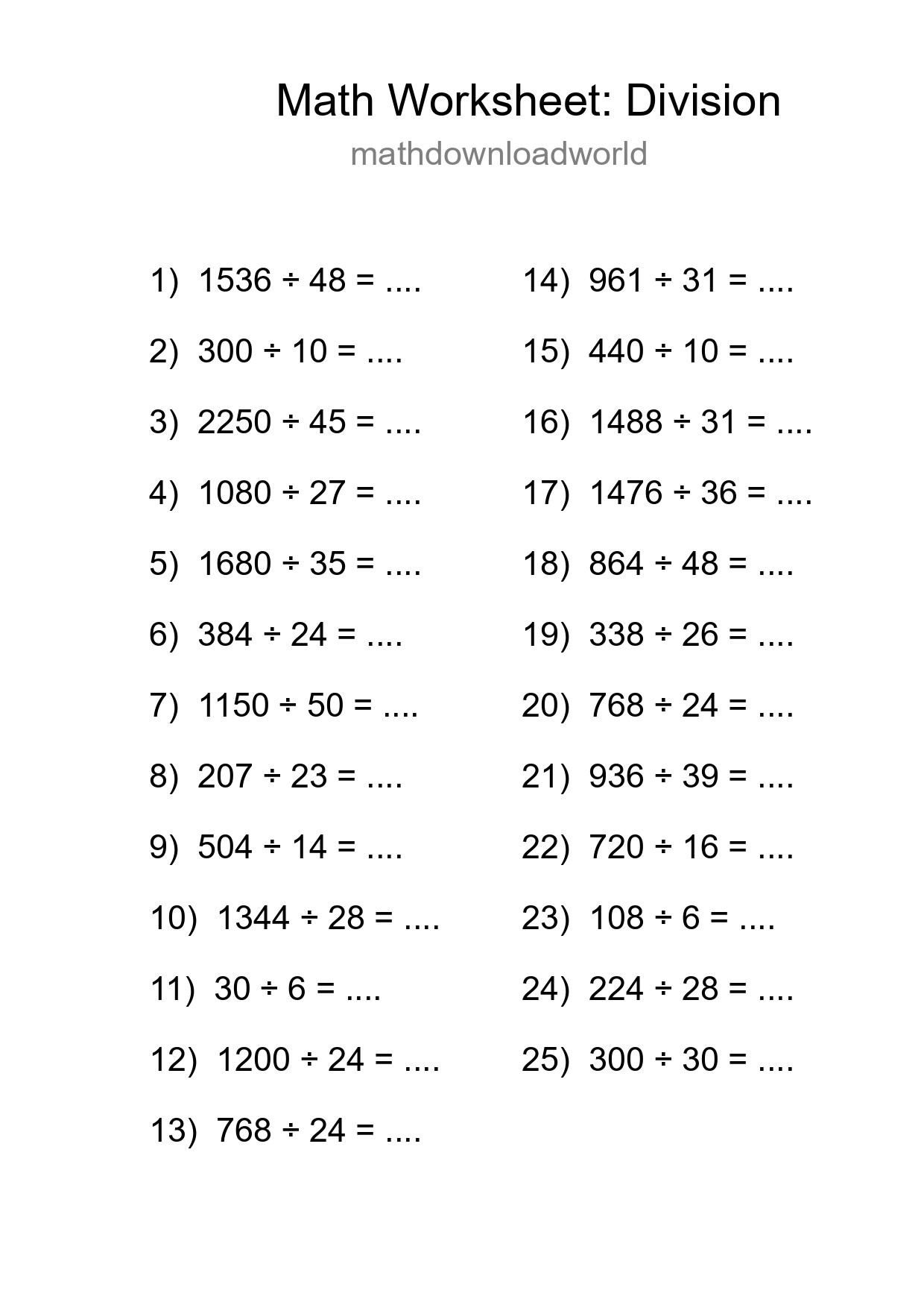 Grade 2 Division Practice Worksheet (25 Problems) - Part 224