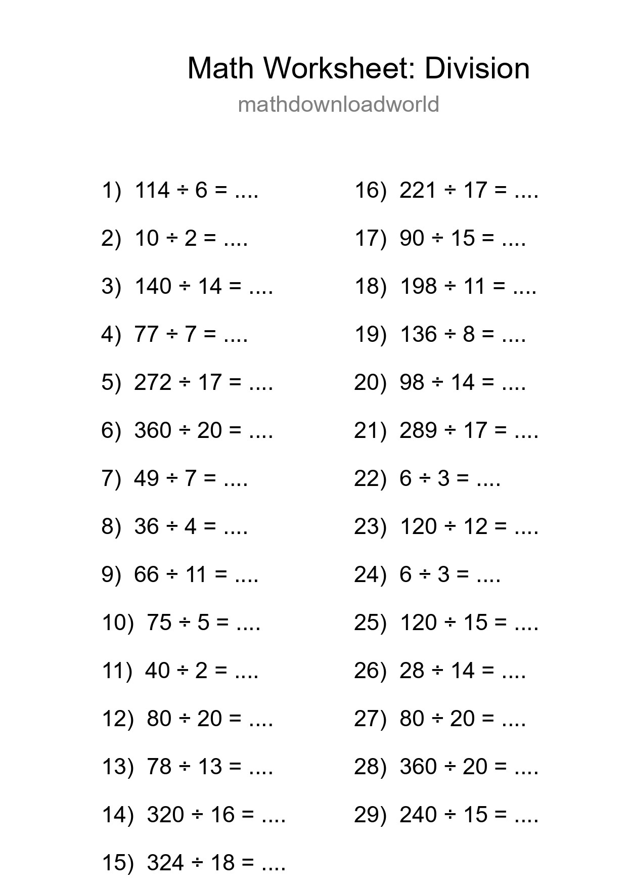 Grade 2 Division Practice Worksheet (29 Problems) - Part 15
