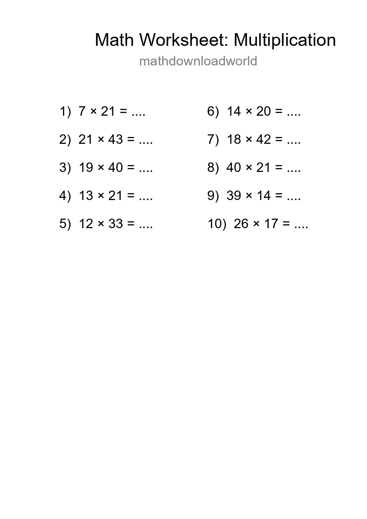 Grade 2 Multiplication Practice Worksheet (10 Problems) - Part 172