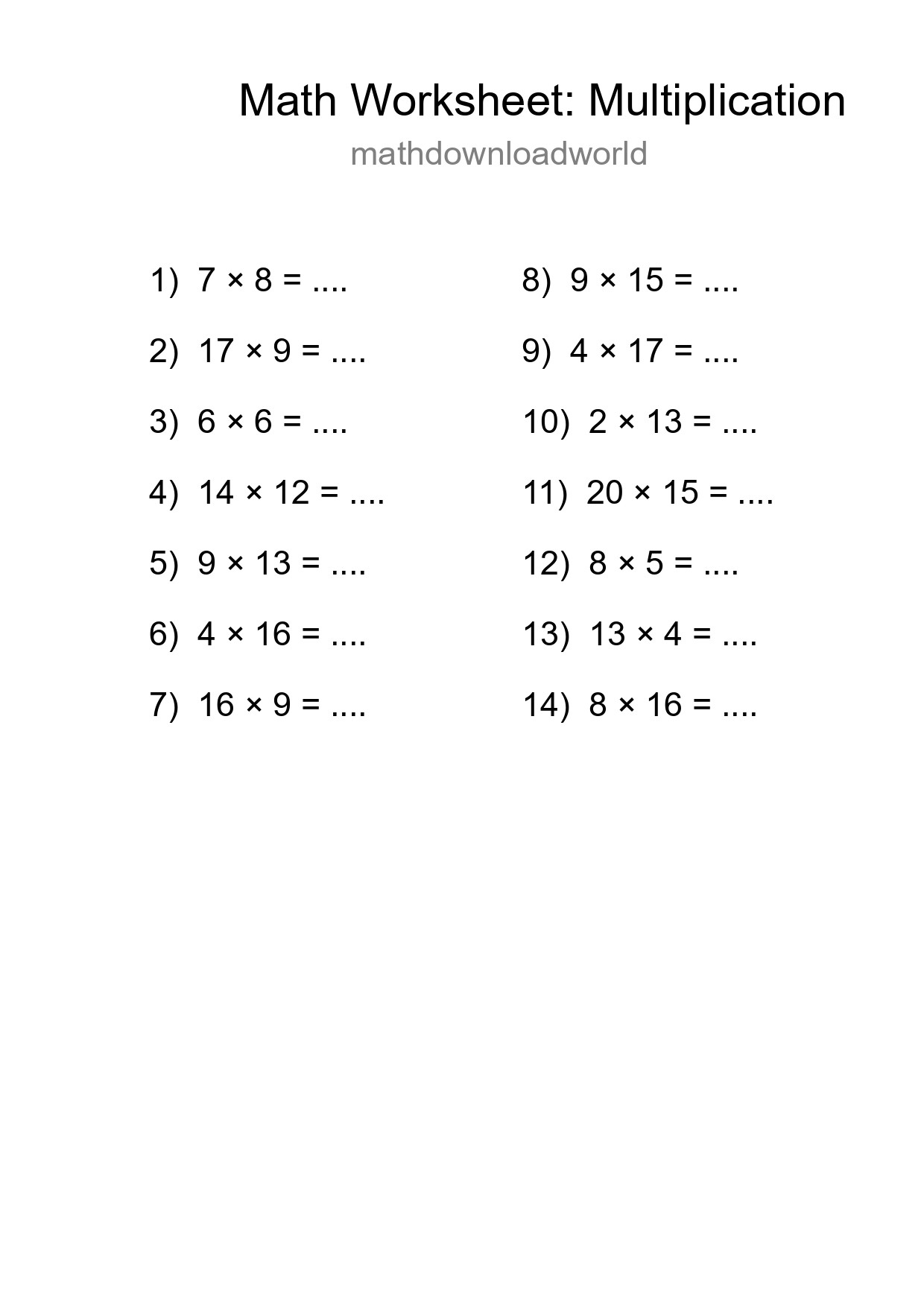Grade 2 Multiplication Practice Worksheet (14 Problems) - Part 117