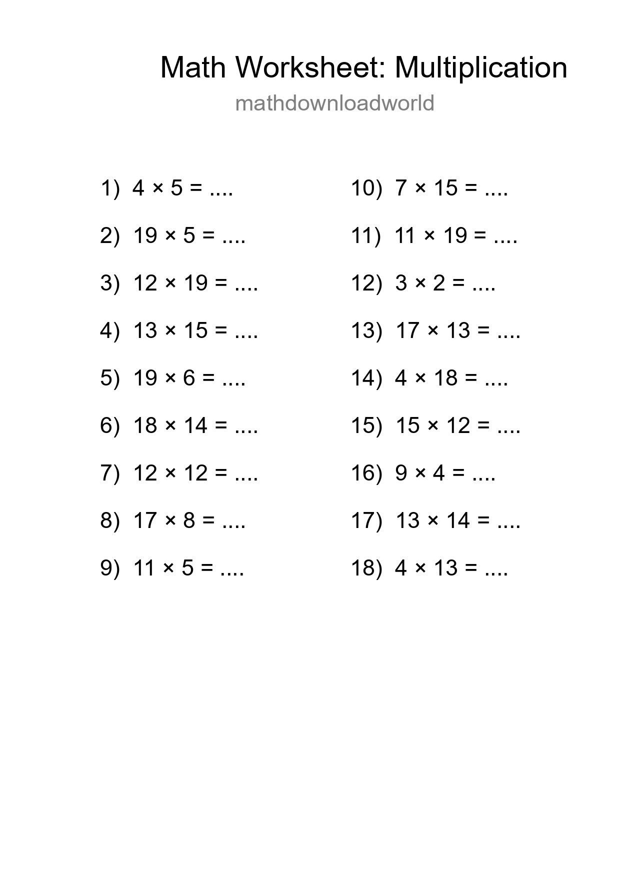 Grade 2 Multiplication Practice Worksheet (18 Problems) - Part 73