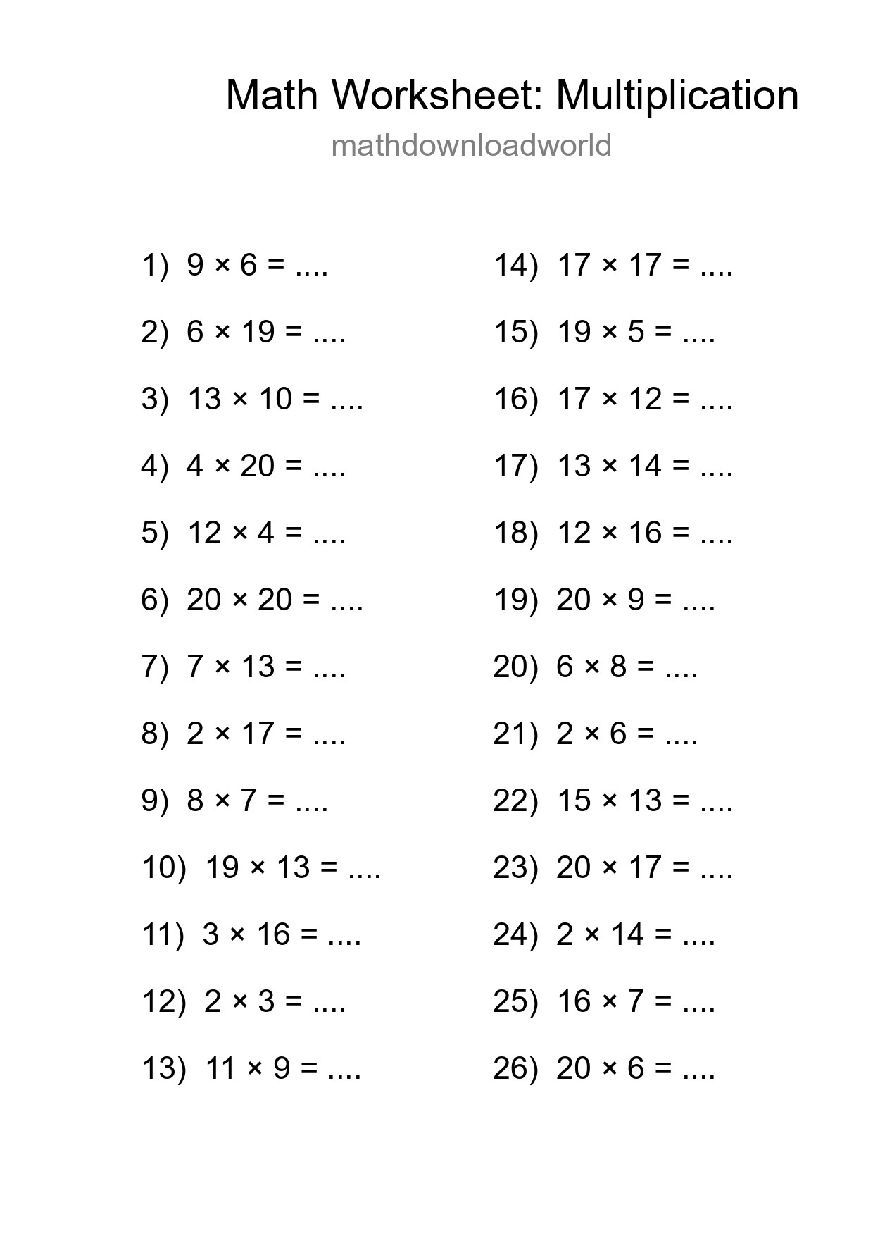 Grade 2 Multiplication Practice Worksheet (26 Problems) - Part 183