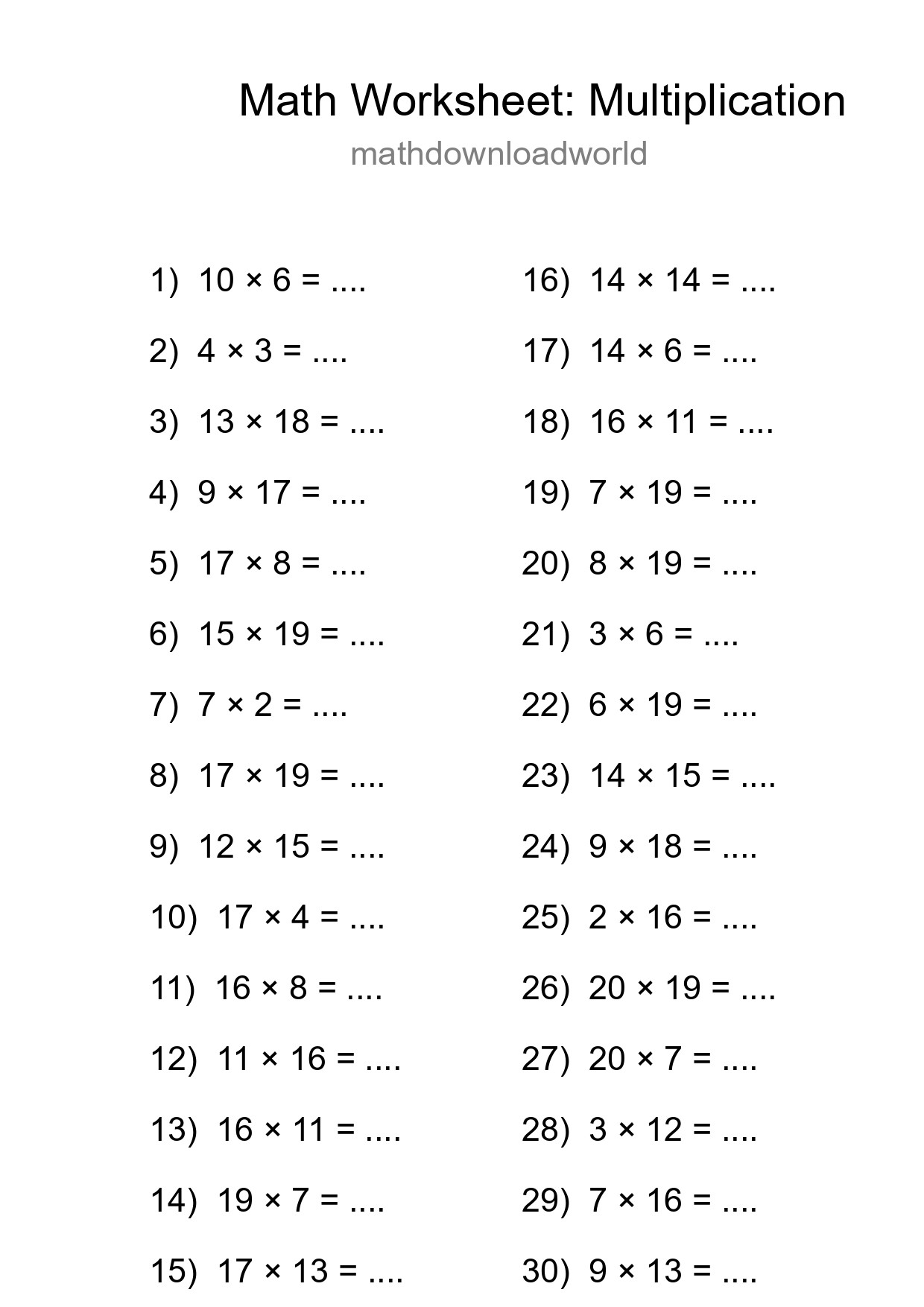 Grade 2 Multiplication Practice Worksheet (30 Problems) - Part 51