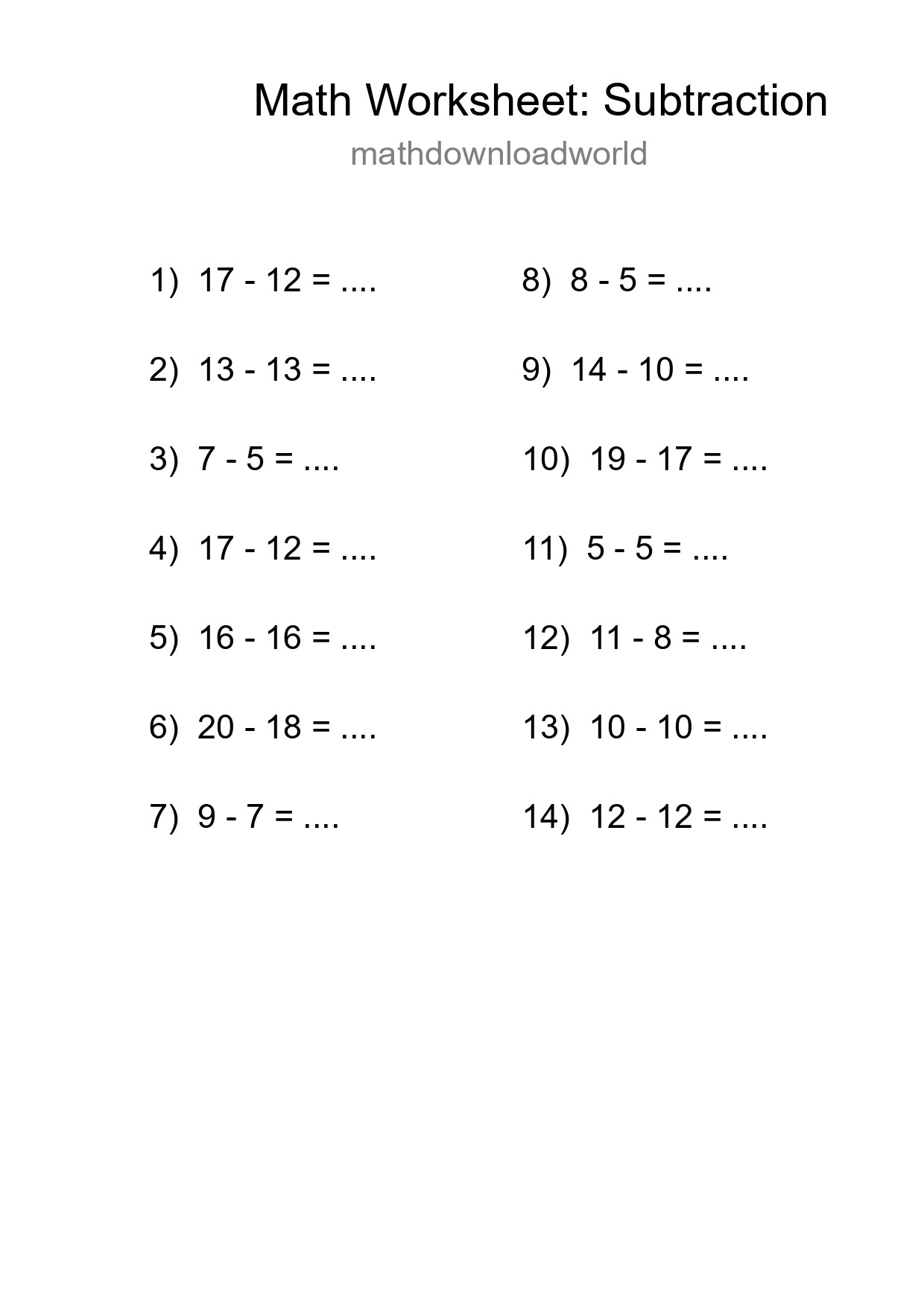 Grade 2 Subtraction Practice Worksheet (14 Problems) - Part 272