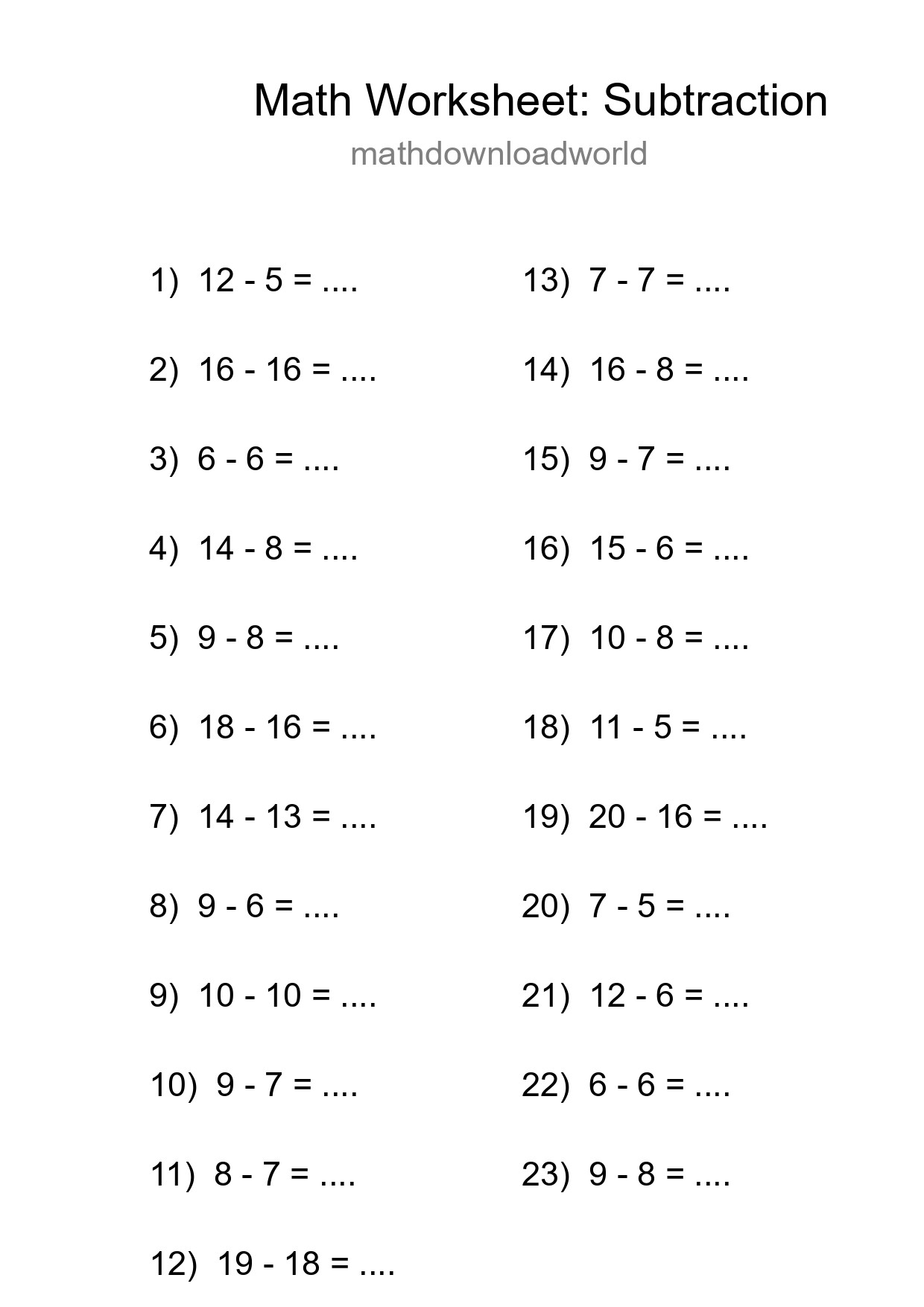 Grade 2 Subtraction Practice Worksheet (23 Problems) - Part 195