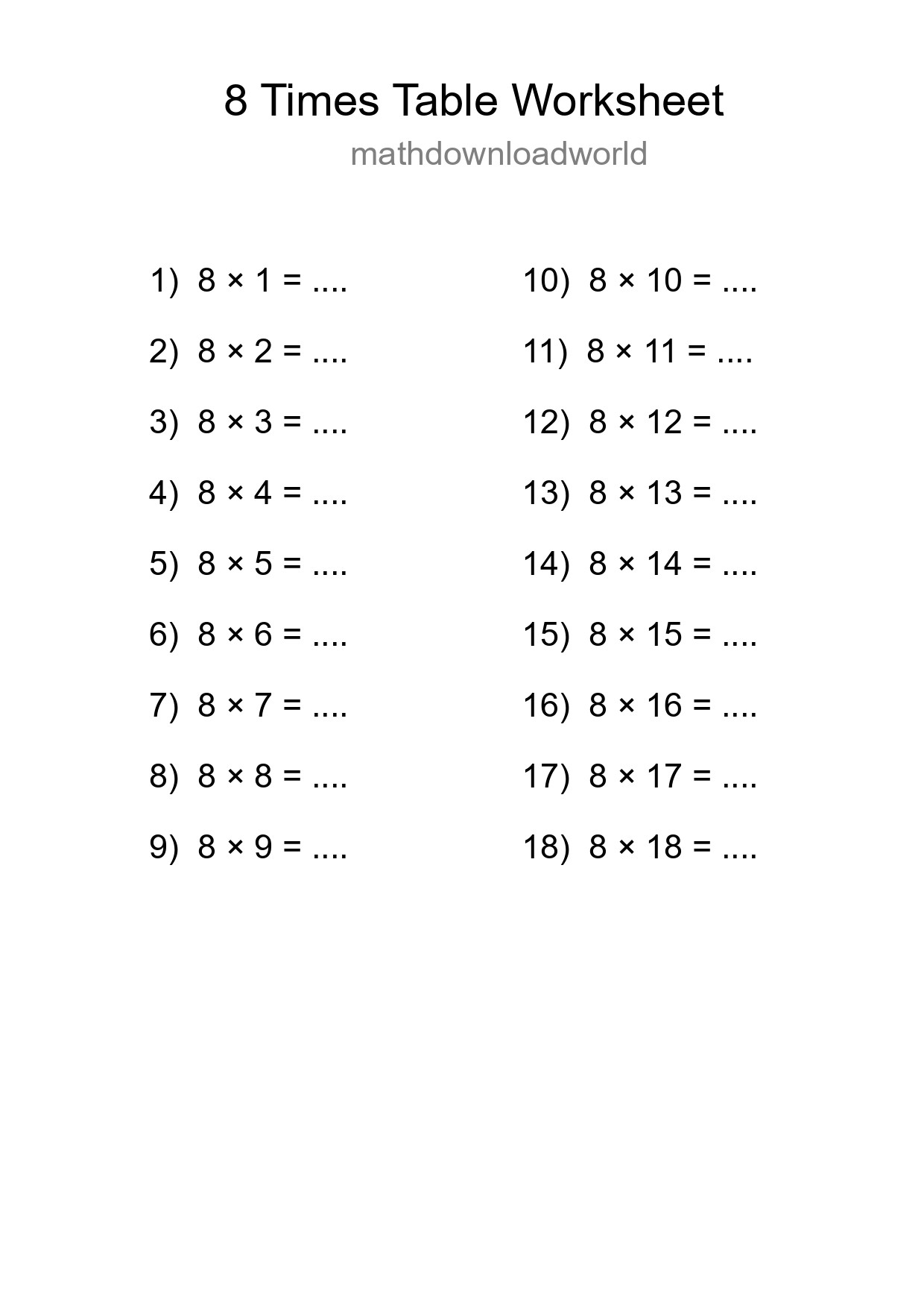 Grade 3 Multiplication Table 8 Practice - Part 20