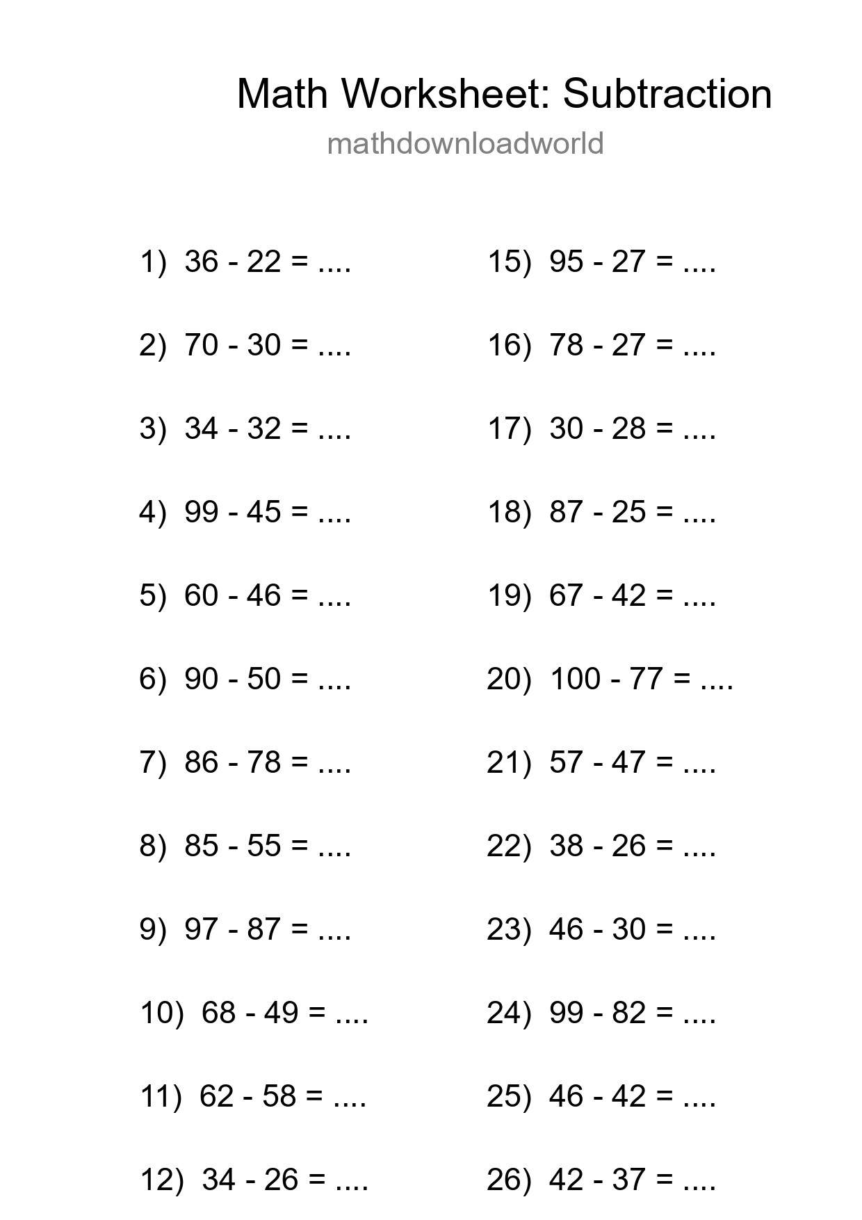 Grade 3 Subtraction Practice Worksheet (27 Problems) - Part 294