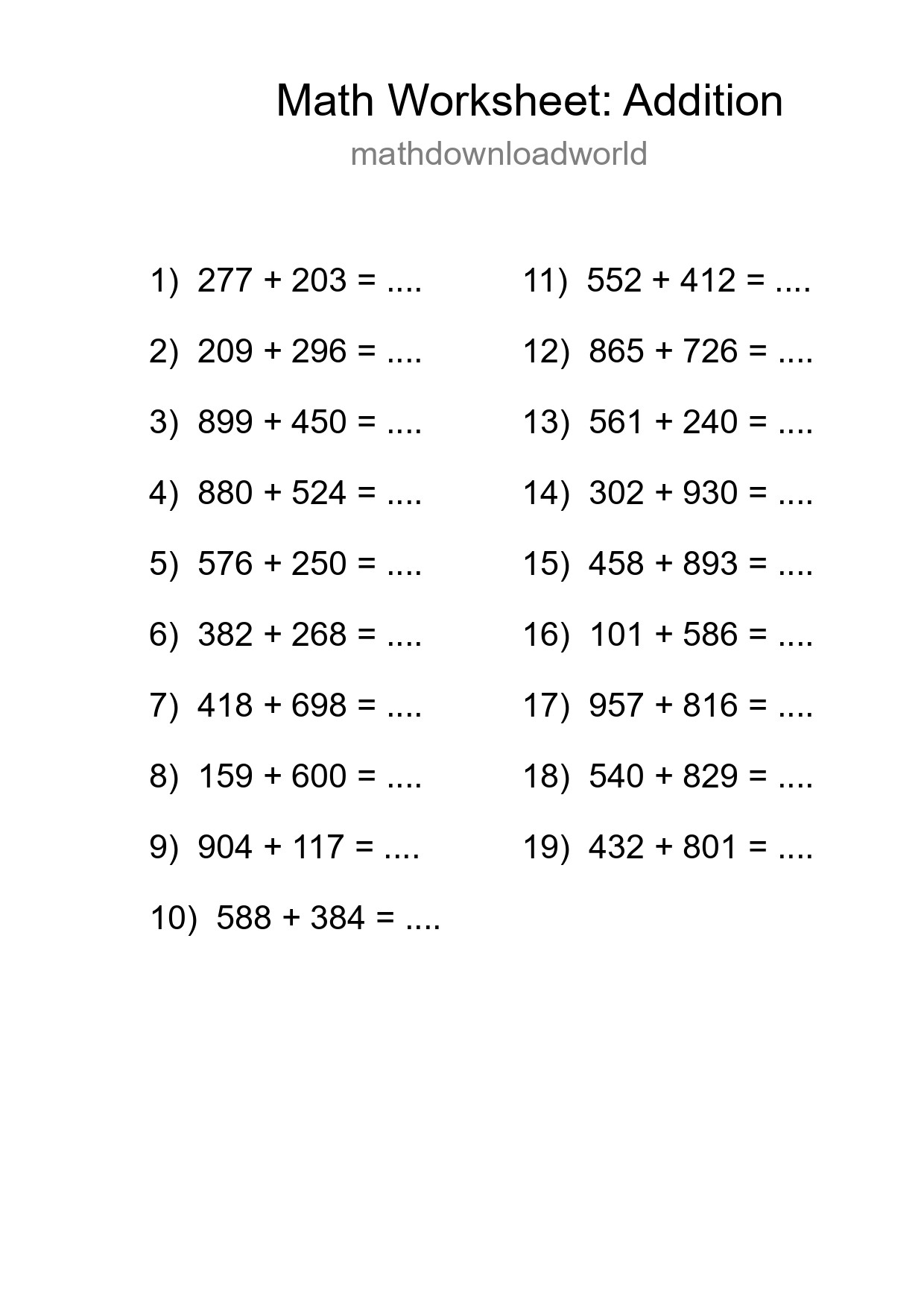 Grade 5 Addition Practice Worksheet (19 Problems) - Part 89