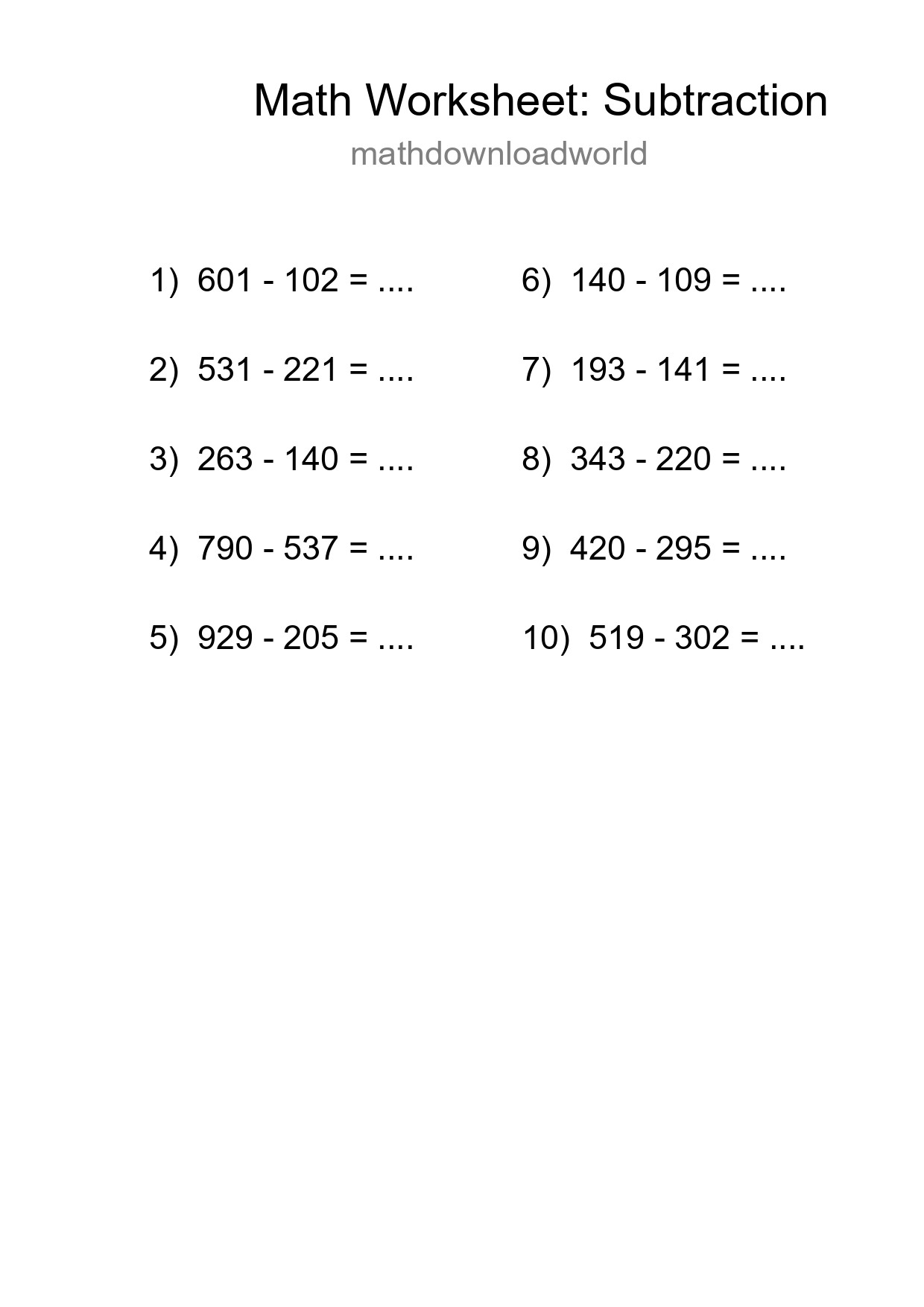 Grade 5 Subtraction Practice Worksheet (10 Problems) - Part 206