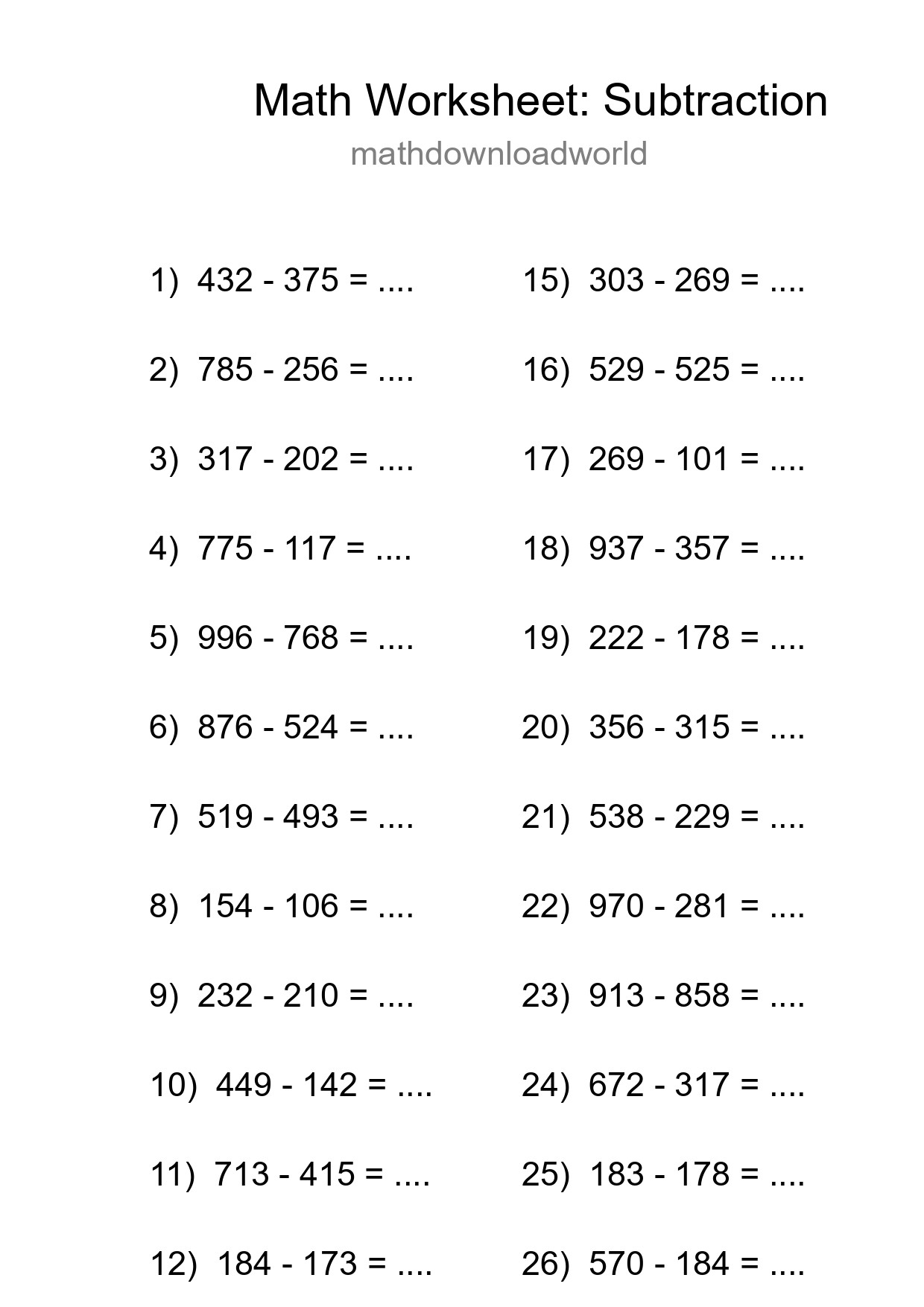 Grade 5 Subtraction Practice Worksheet (28 Problems) - Part 173